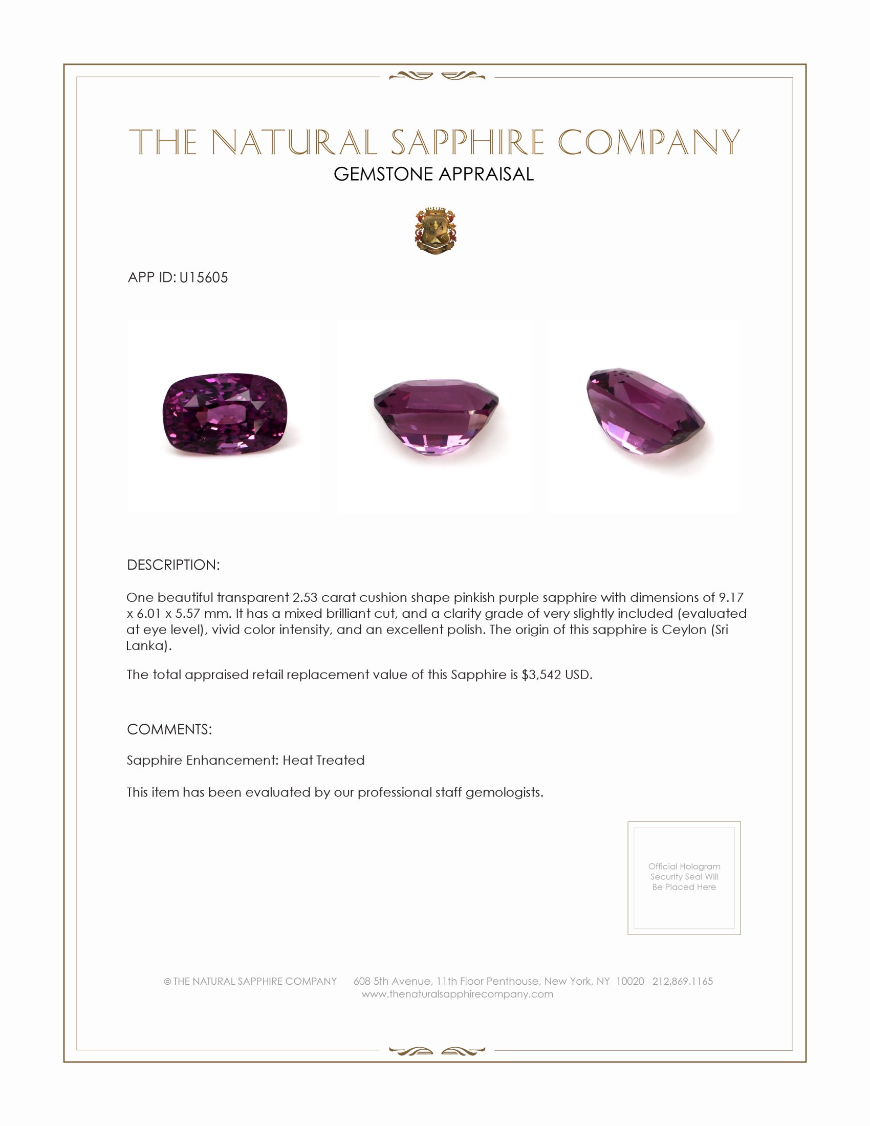 2.53 Ct. Pinkish Purple Sapphire from Ceylon (Sri Lanka)