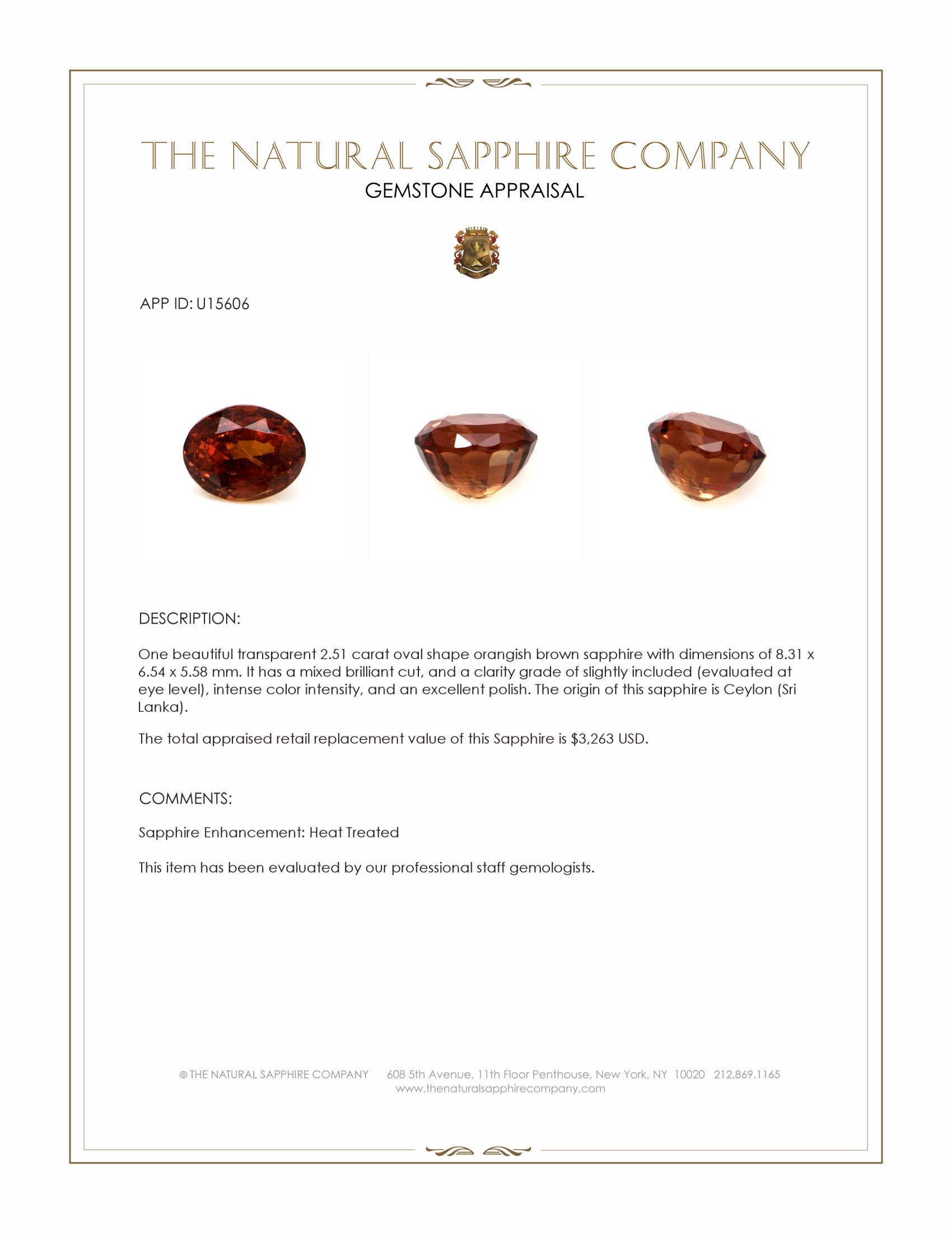 2.51 Ct. Orangish Brown Sapphire from Ceylon (Sri Lanka)
