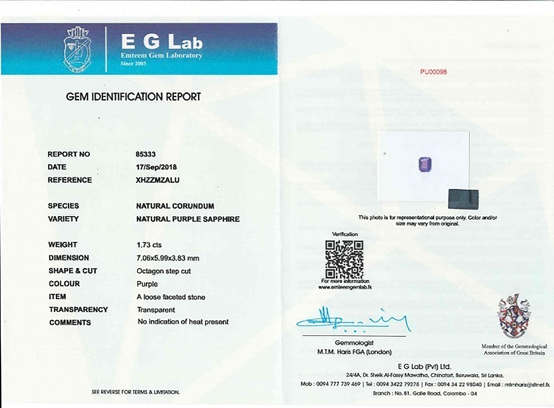 1.73 Ct. Purple Sapphire from Ceylon (Sri Lanka)