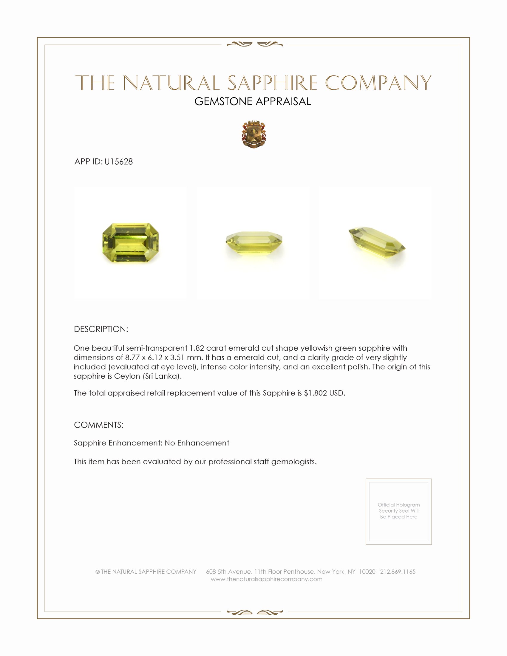 1.82 Ct. Yellowish Green Sapphire from Ceylon (Sri Lanka)