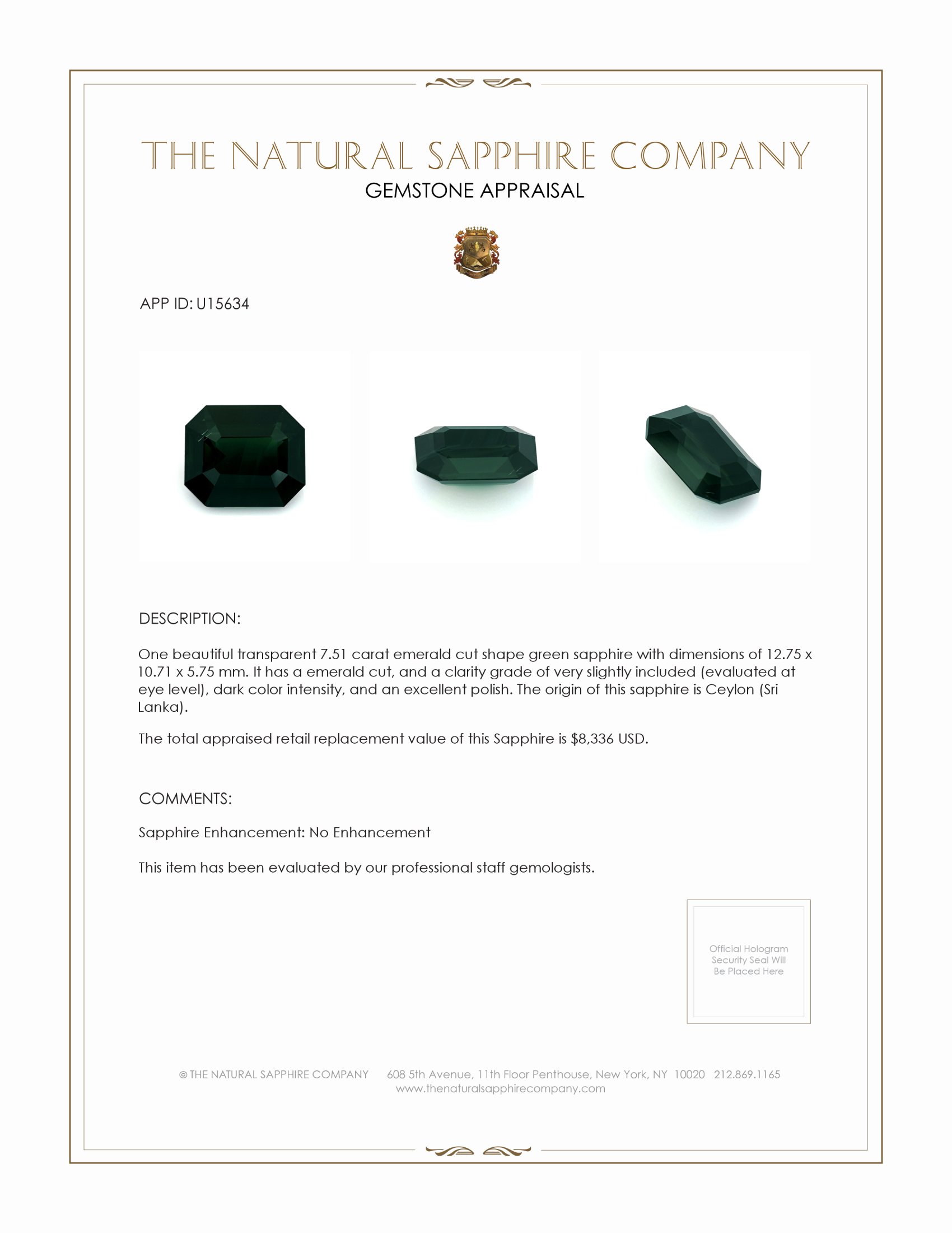 7.51 Ct. Green Sapphire from Ceylon (Sri Lanka)