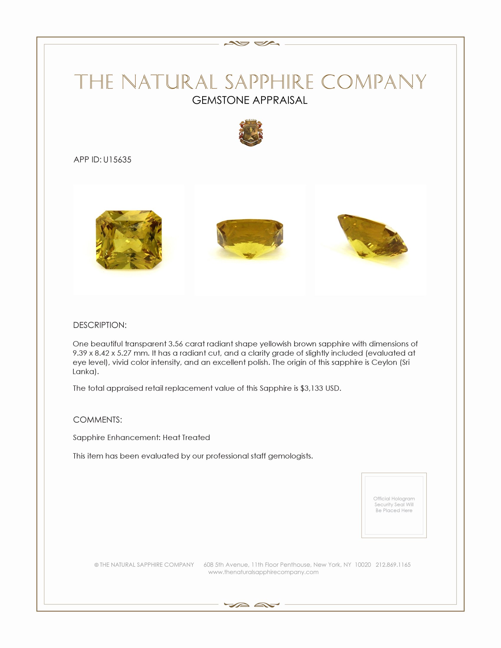 3.56 Ct. Yellowish Brown Sapphire from Ceylon (Sri Lanka)