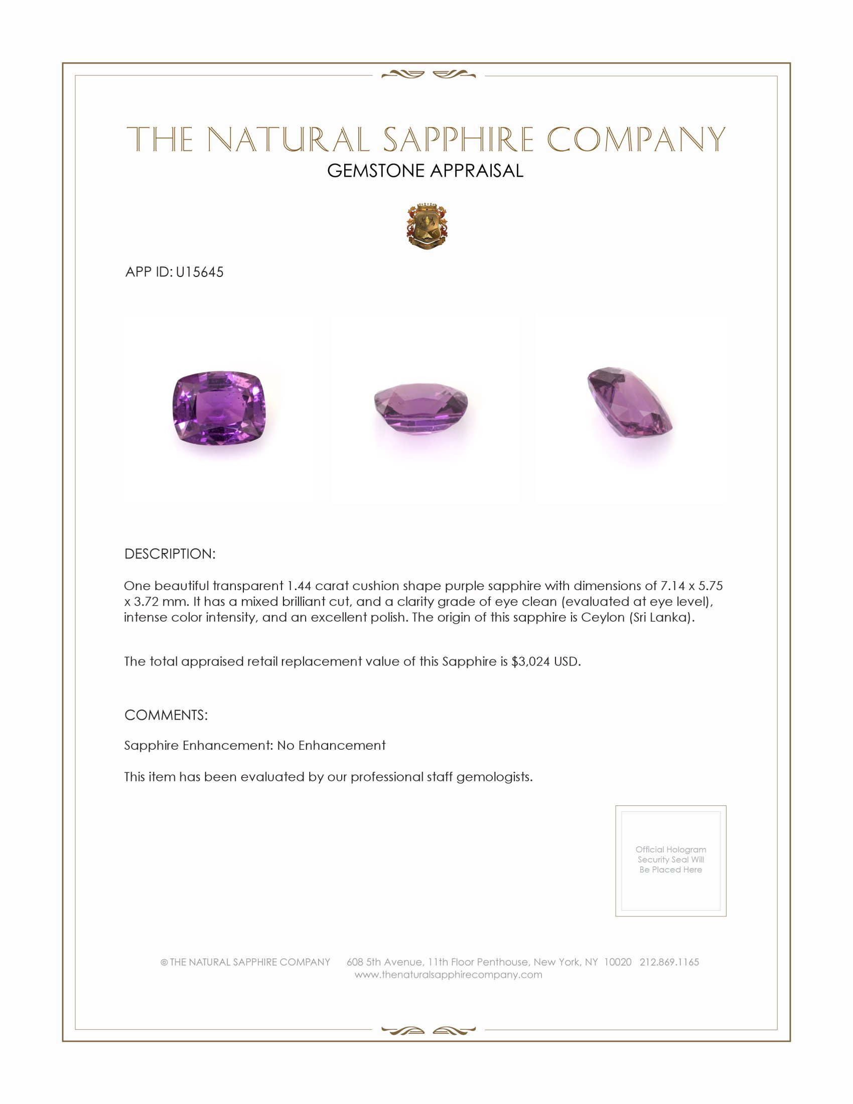 1.44 Ct. Purple Sapphire from Ceylon (Sri Lanka)