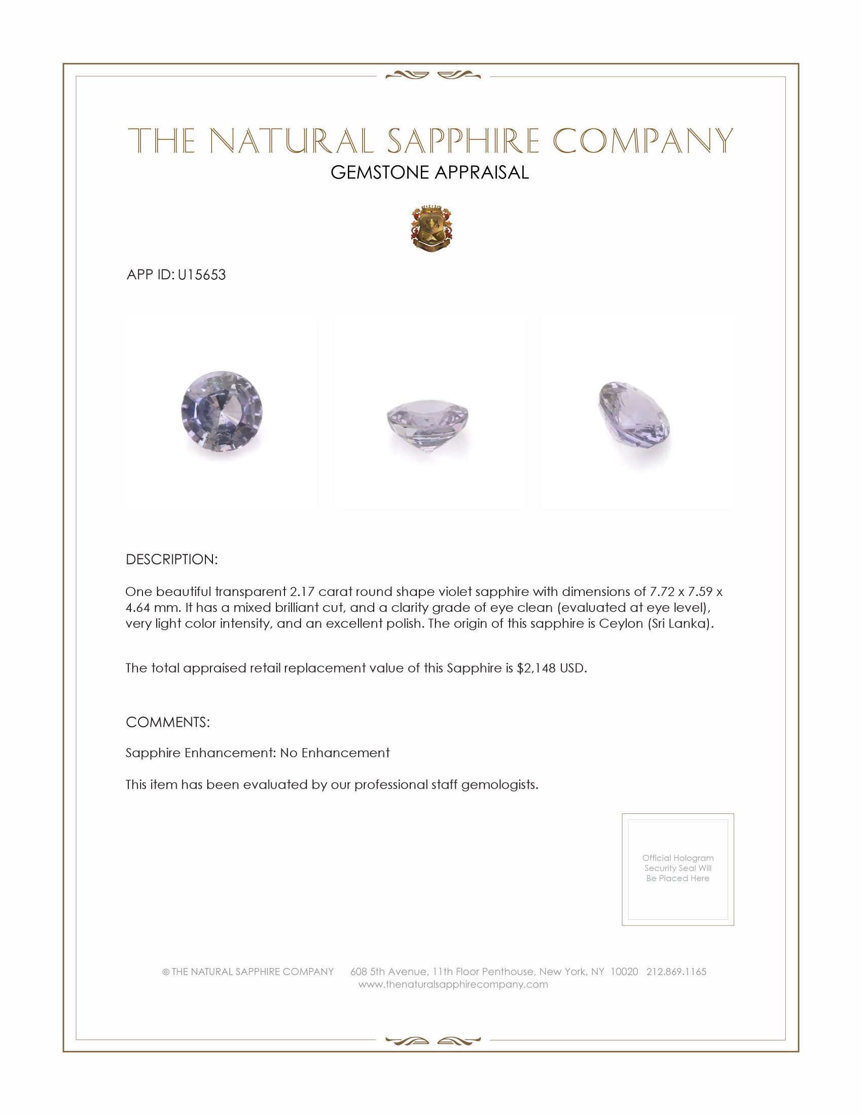 2.17 Ct. Violet Sapphire from Ceylon (Sri Lanka)