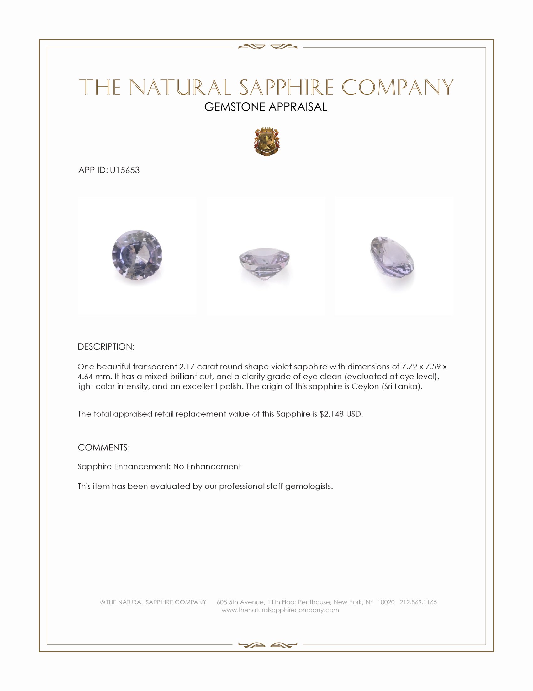 2.17 Ct. Violet Sapphire from Ceylon (Sri Lanka)