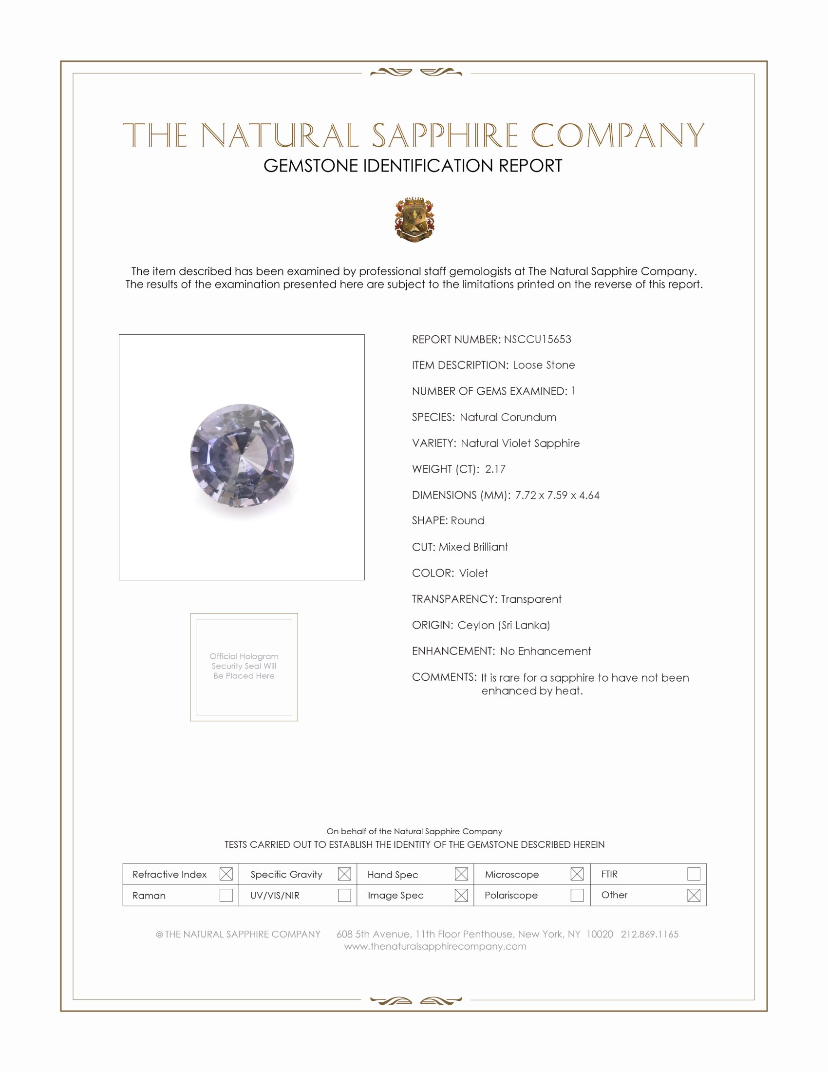 2.17 Ct. Violet Sapphire from Ceylon (Sri Lanka)