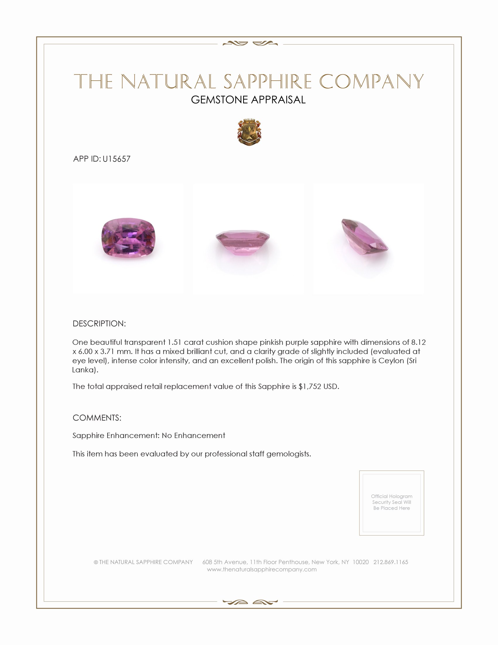 1.51 Ct. Pinkish Purple Sapphire from Ceylon (Sri Lanka)