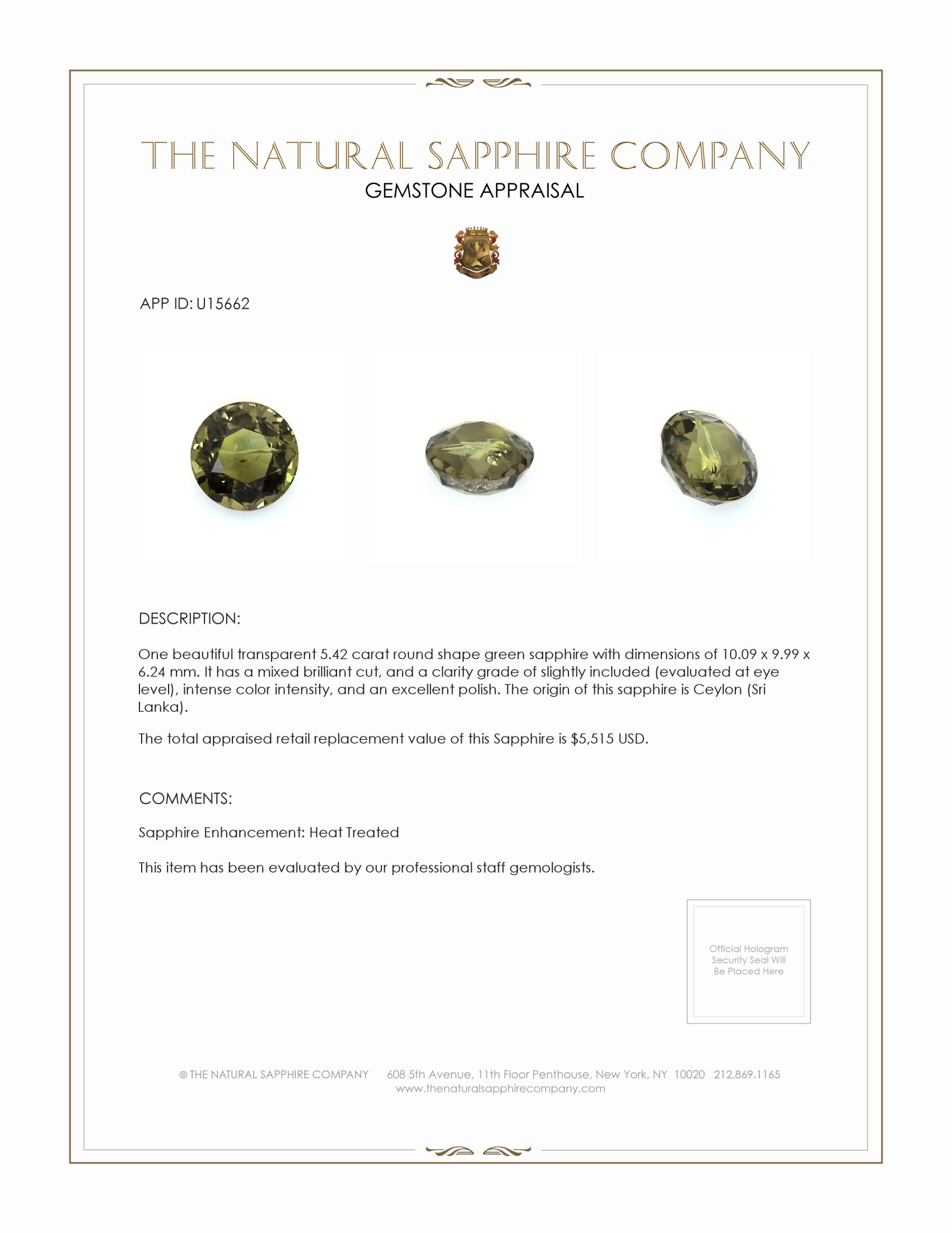 5.42 Ct. Brownish Green Sapphire from Ceylon (Sri Lanka)