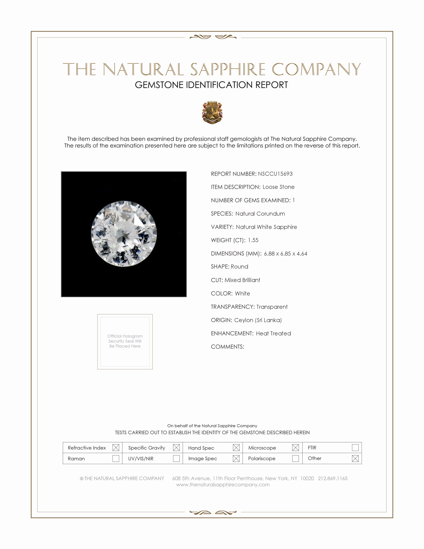 1.55 Ct. White Sapphire from Ceylon (Sri Lanka)