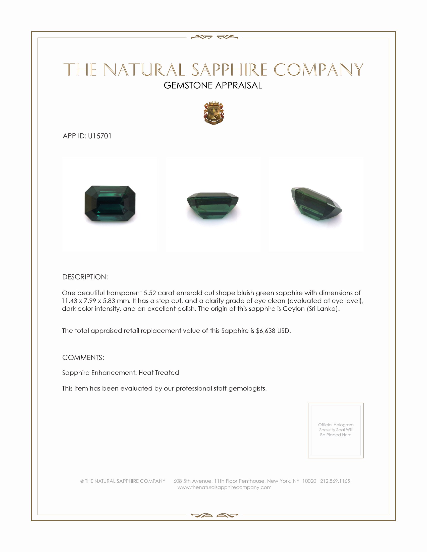 5.52 Ct. Bluish Green Sapphire from Ceylon (Sri Lanka)