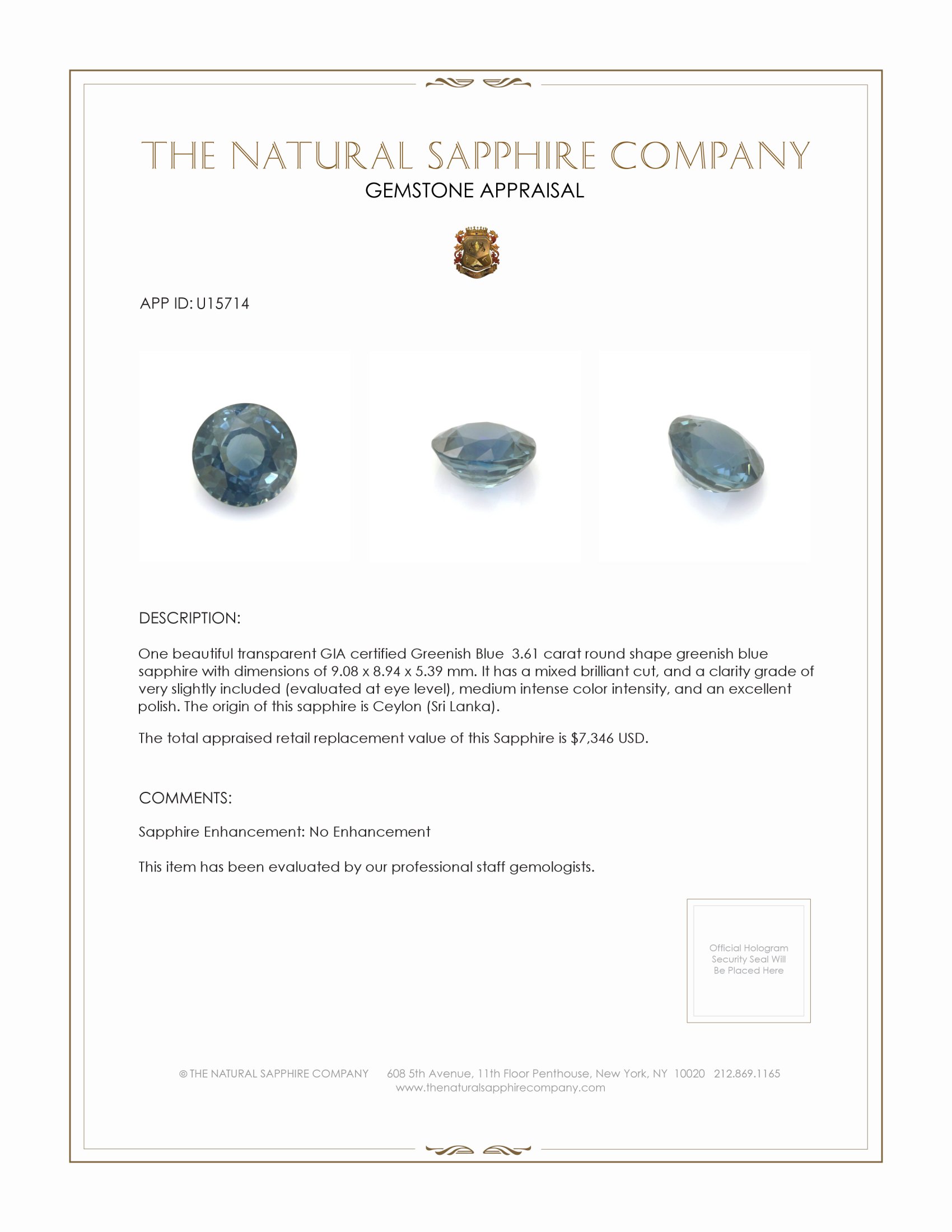 3.61 Ct. Greenish Blue Sapphire from Ceylon (Sri Lanka)