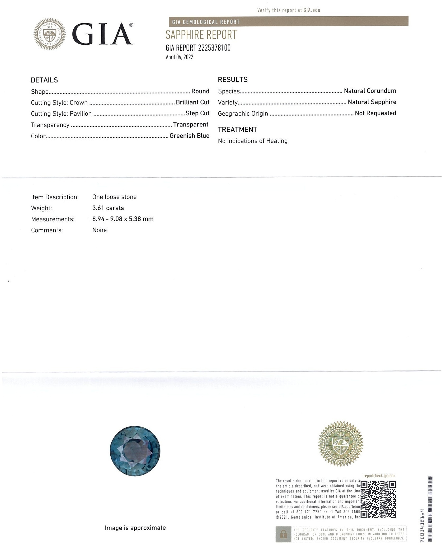 3.61 Ct. Greenish Blue Sapphire from Ceylon (Sri Lanka)