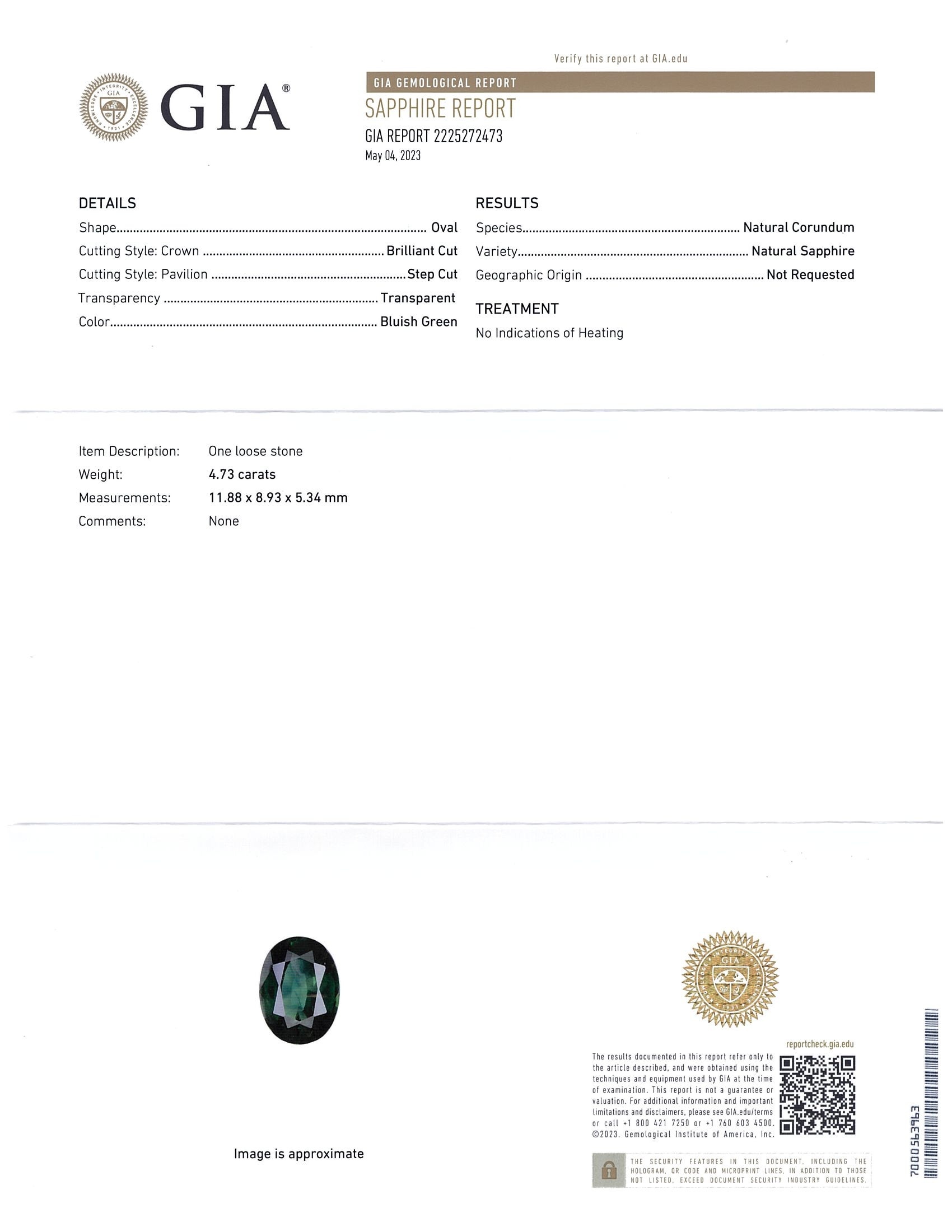 4.72 Ct. Bluish Green Sapphire from Ceylon (Sri Lanka)