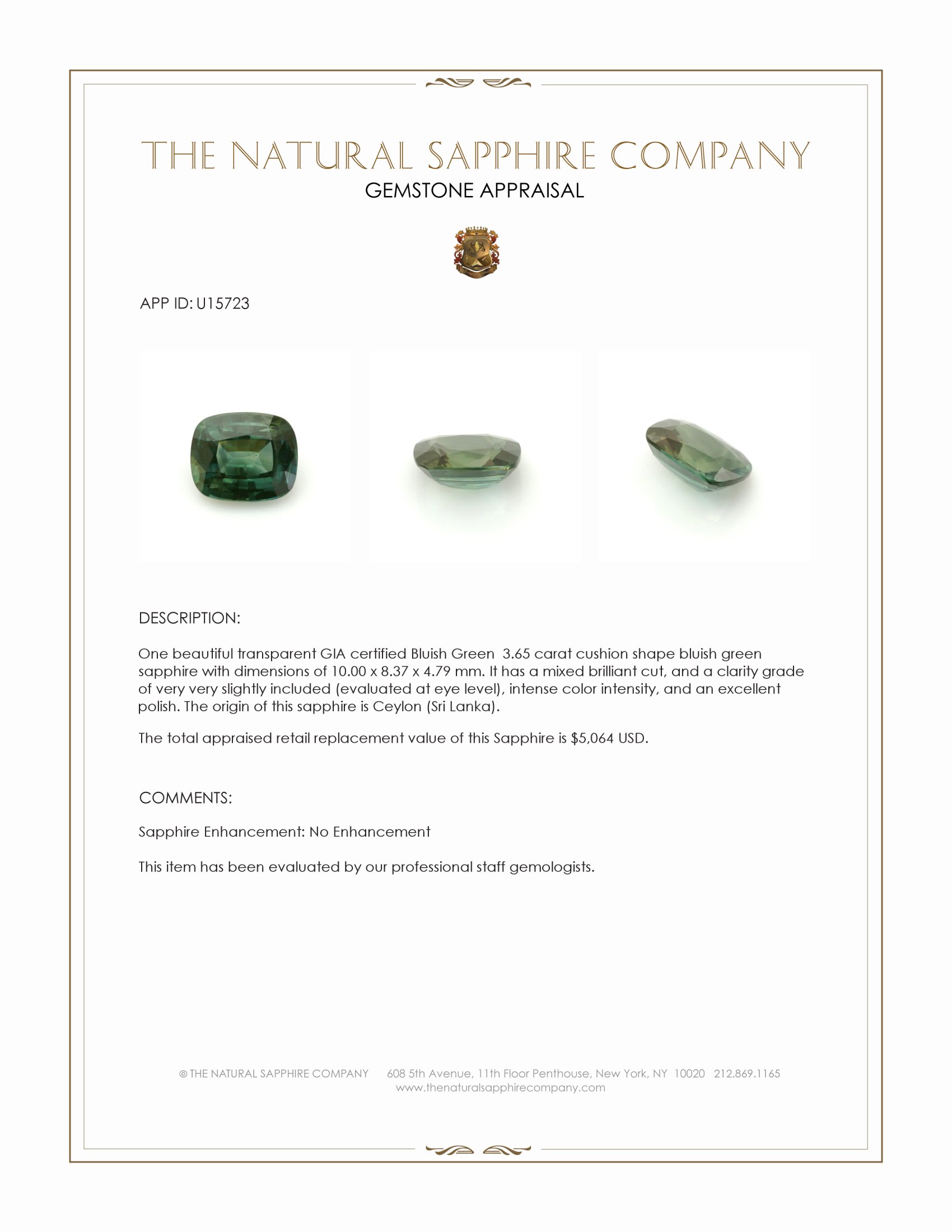 3.65 Ct. Bluish Green Sapphire from Ceylon (Sri Lanka)