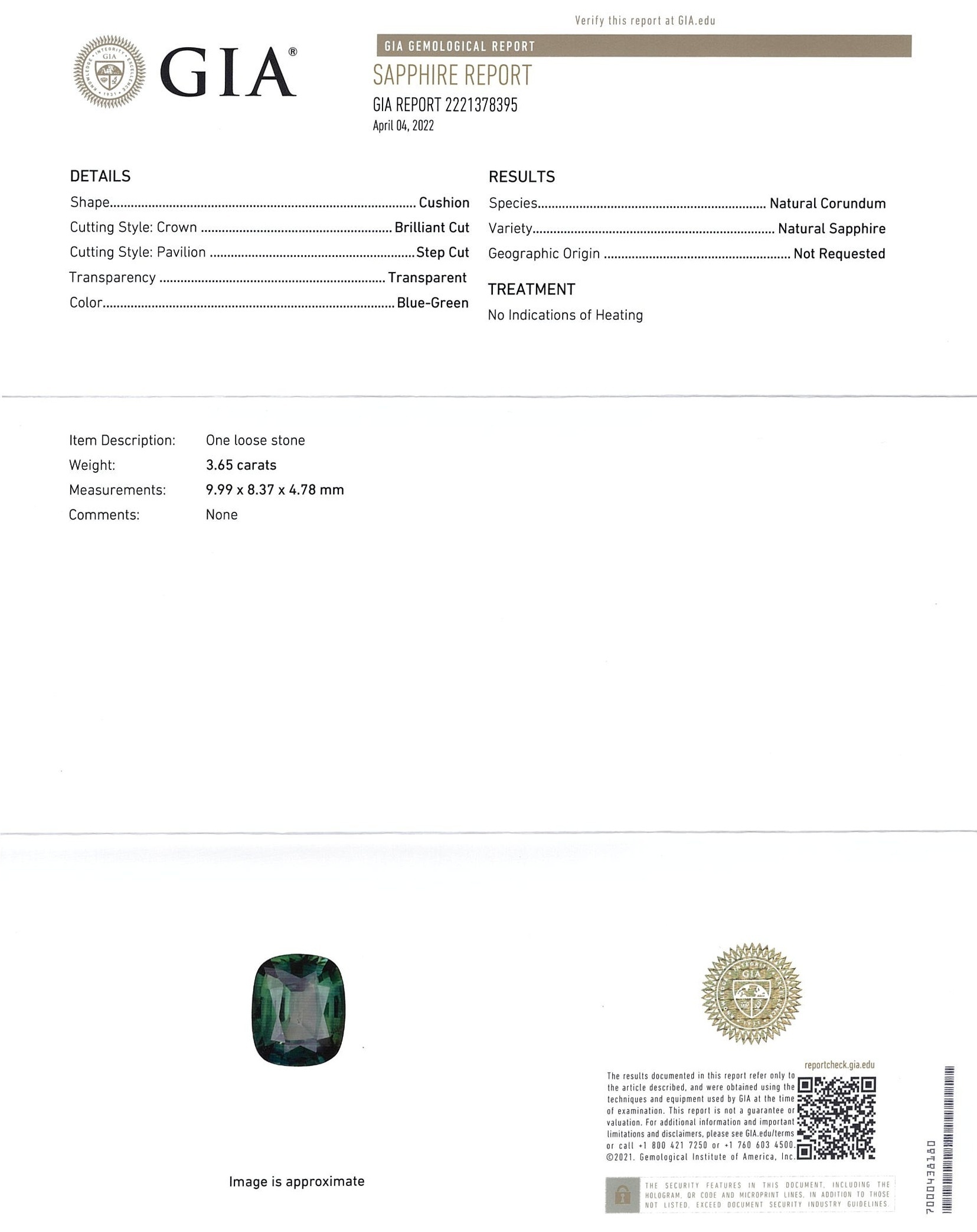 3.65 Ct. Bluish Green Sapphire from Ceylon (Sri Lanka)