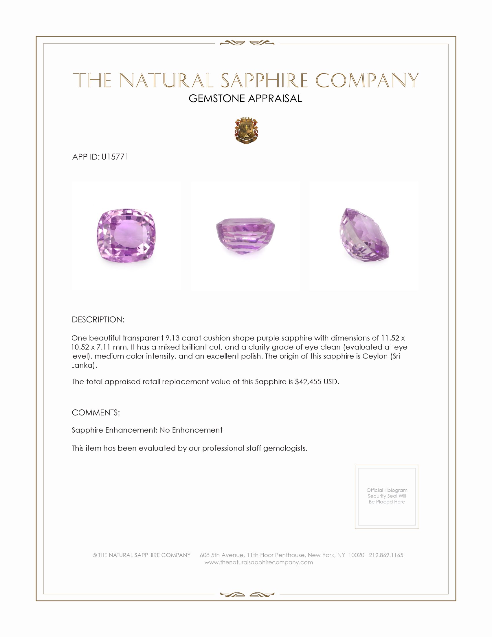 9.13 Ct. Purple Sapphire from Ceylon (Sri Lanka)