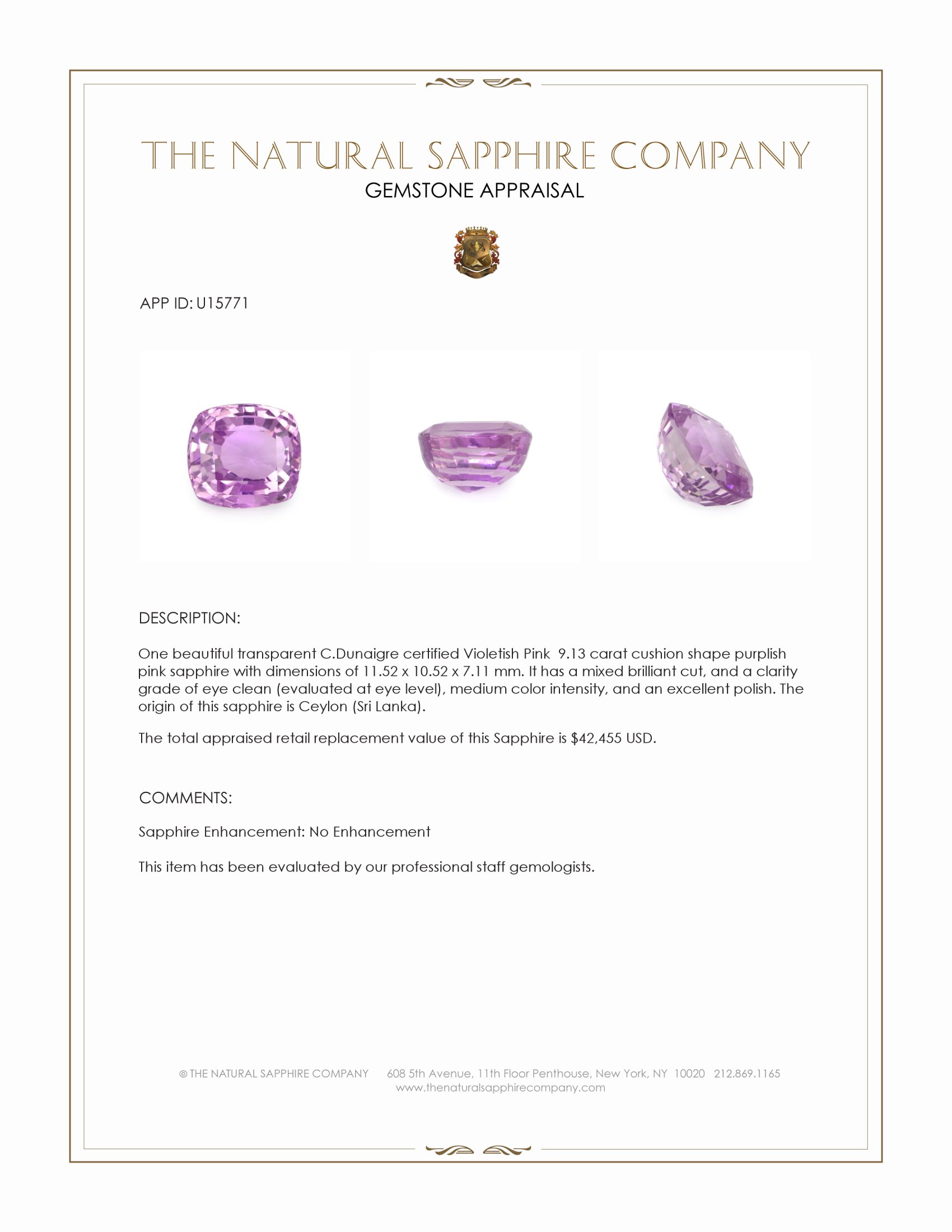 9.13 Ct. Purplish Pink Sapphire from Ceylon (Sri Lanka)