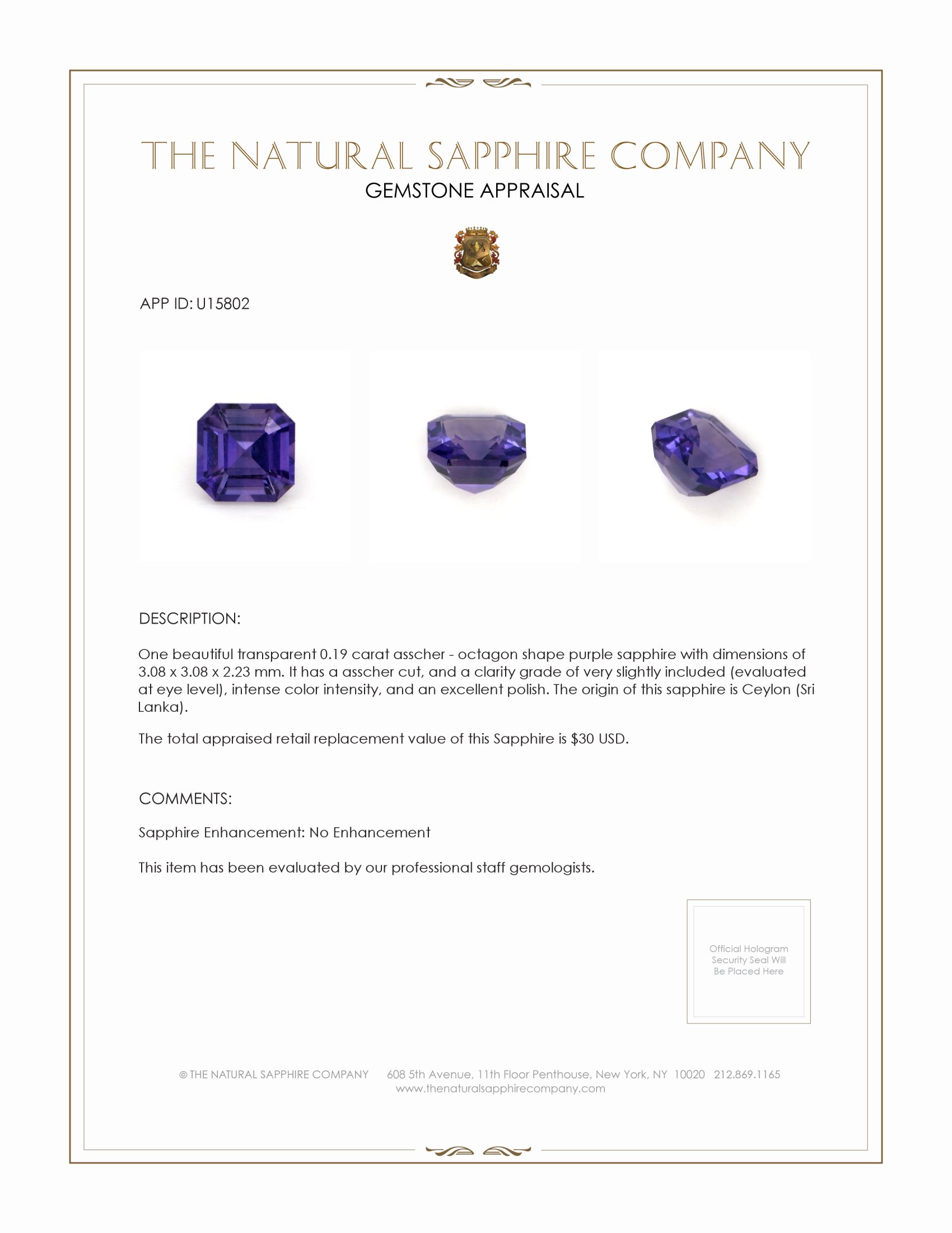 0.19 Ct. Purple Sapphire from Ceylon (Sri Lanka)