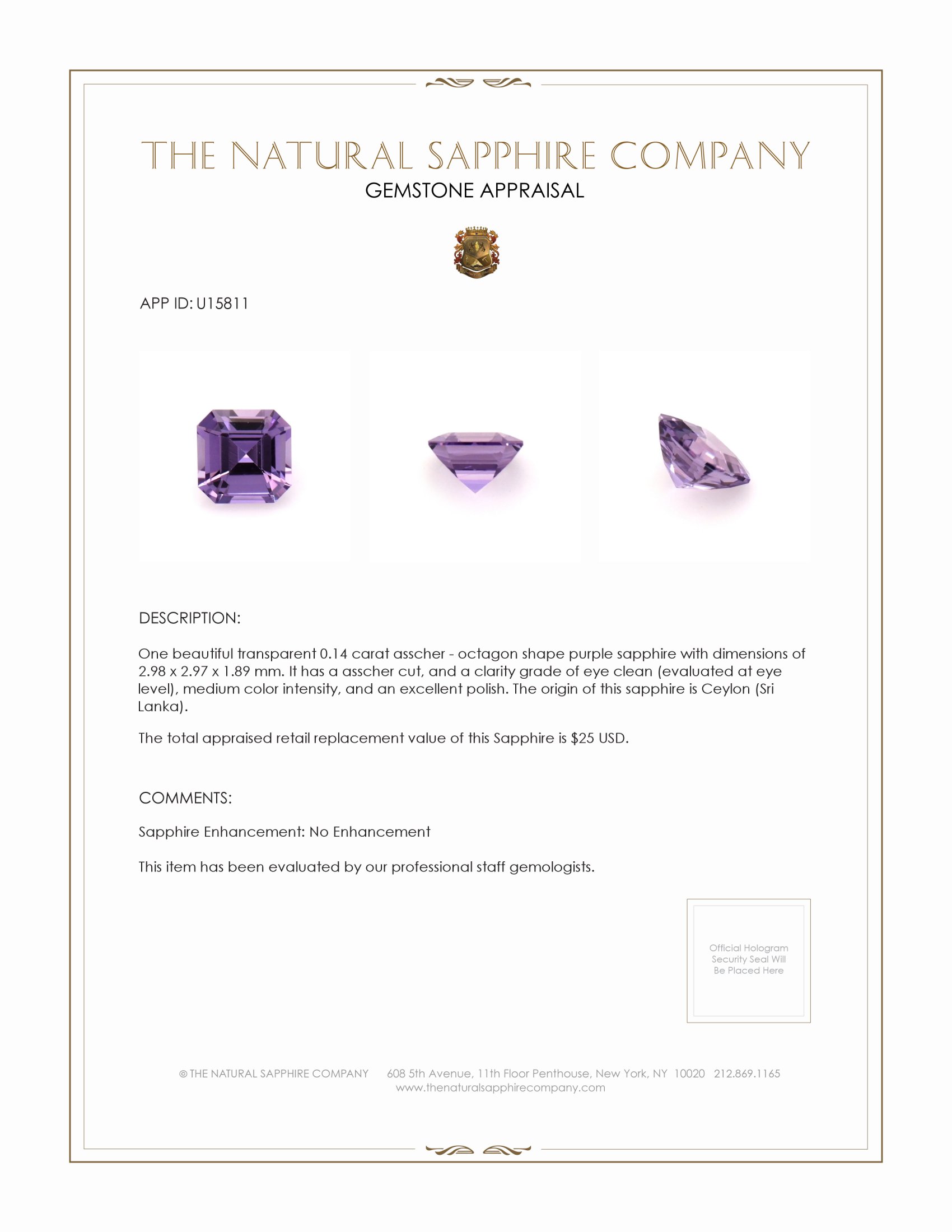 0.14 Ct. Purple Sapphire from Ceylon (Sri Lanka)