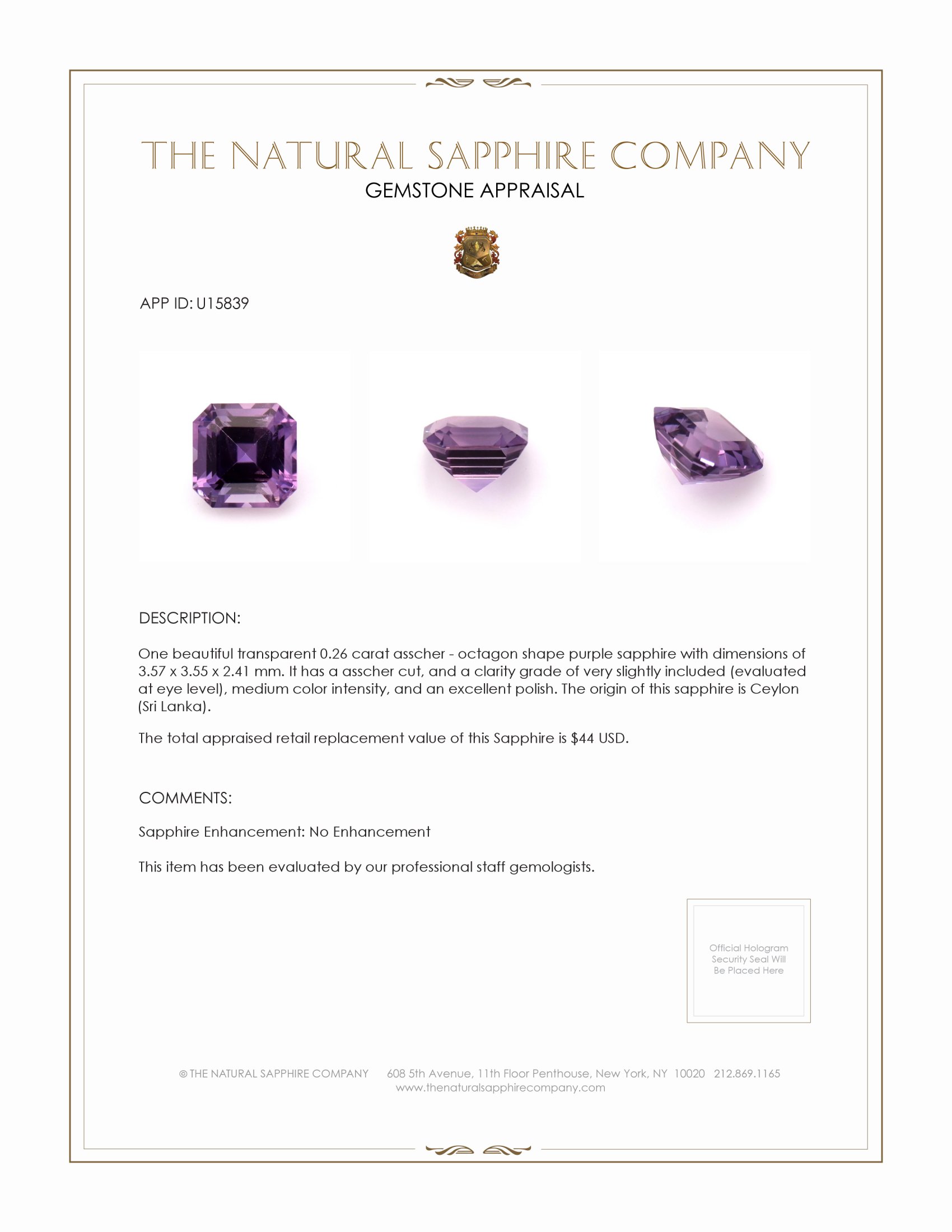 0.26 Ct. Purple Sapphire from Ceylon (Sri Lanka)