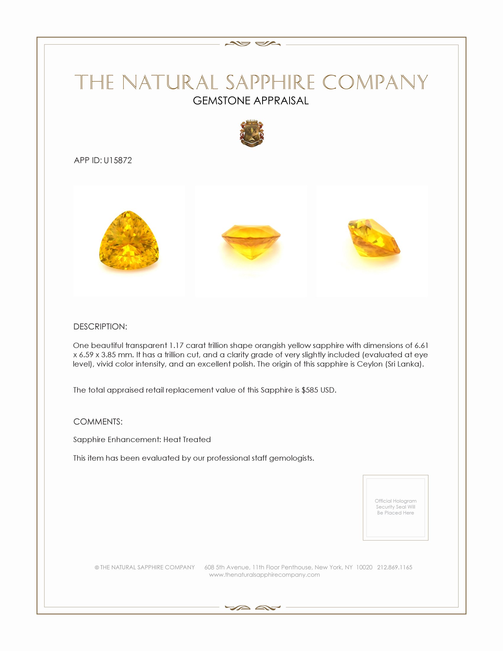 1.17 Ct. Orangish Yellow Sapphire from Ceylon (Sri Lanka)