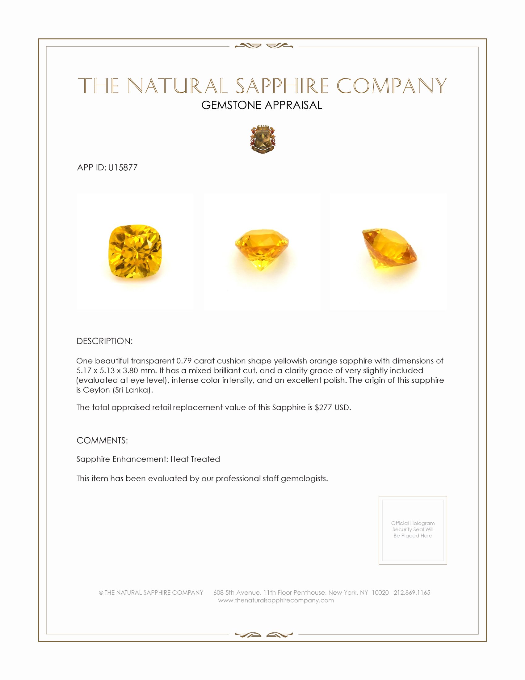 0.79 Ct. Yellowish Orange Sapphire from Ceylon (Sri Lanka)