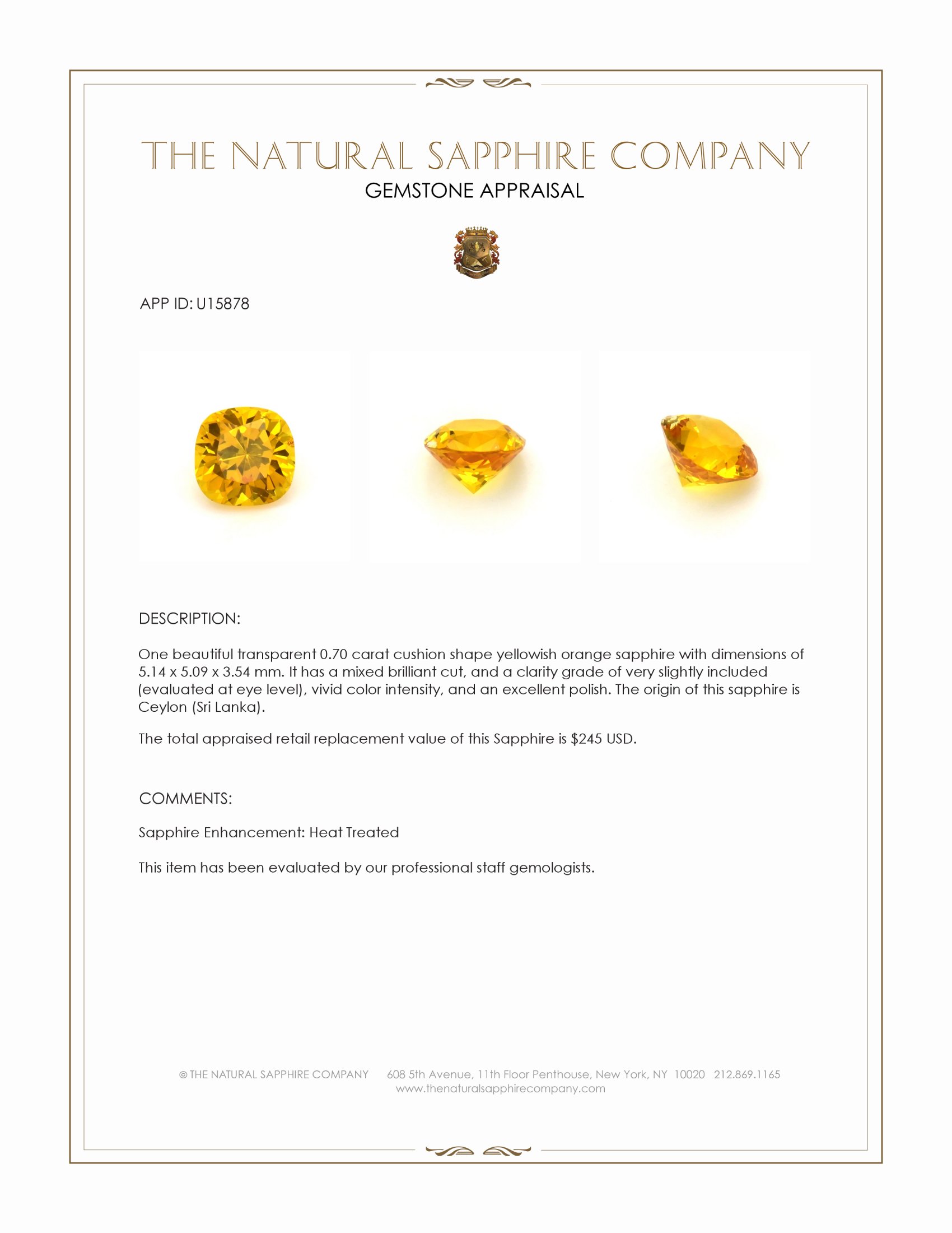 0.70 Ct. Yellowish Orange Sapphire from Ceylon (Sri Lanka)