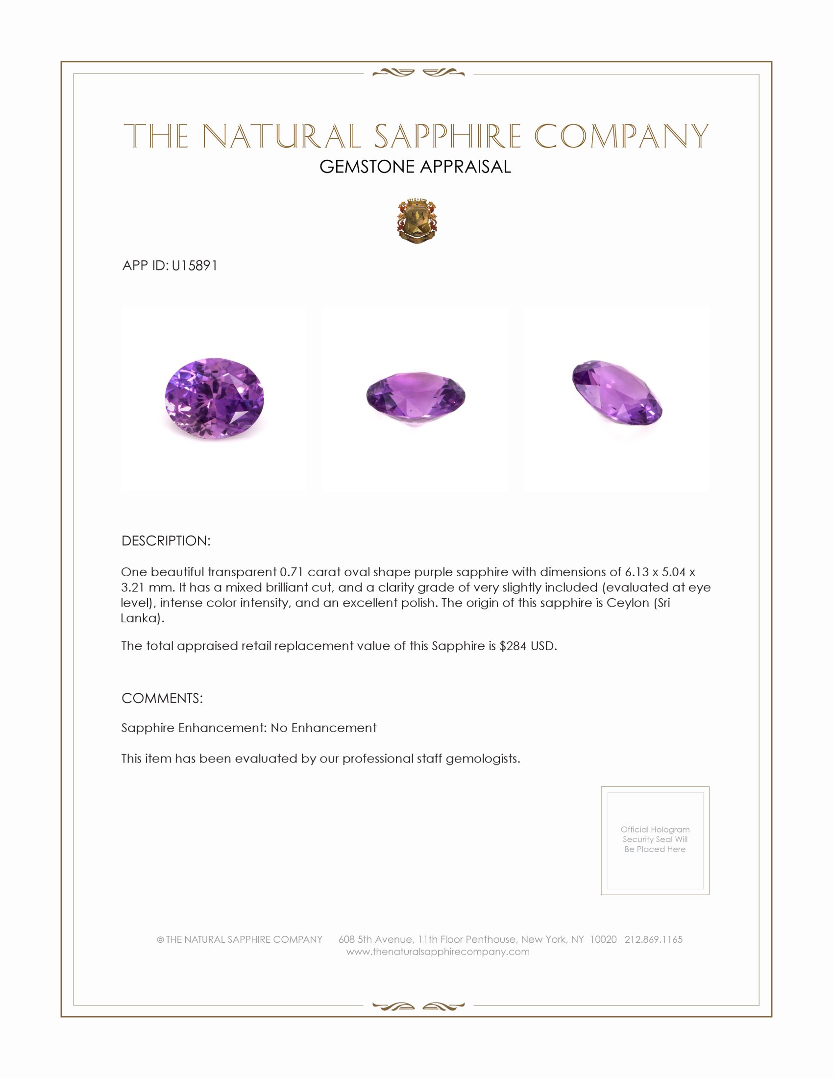 0.71 Ct. Purple Sapphire from Ceylon (Sri Lanka)
