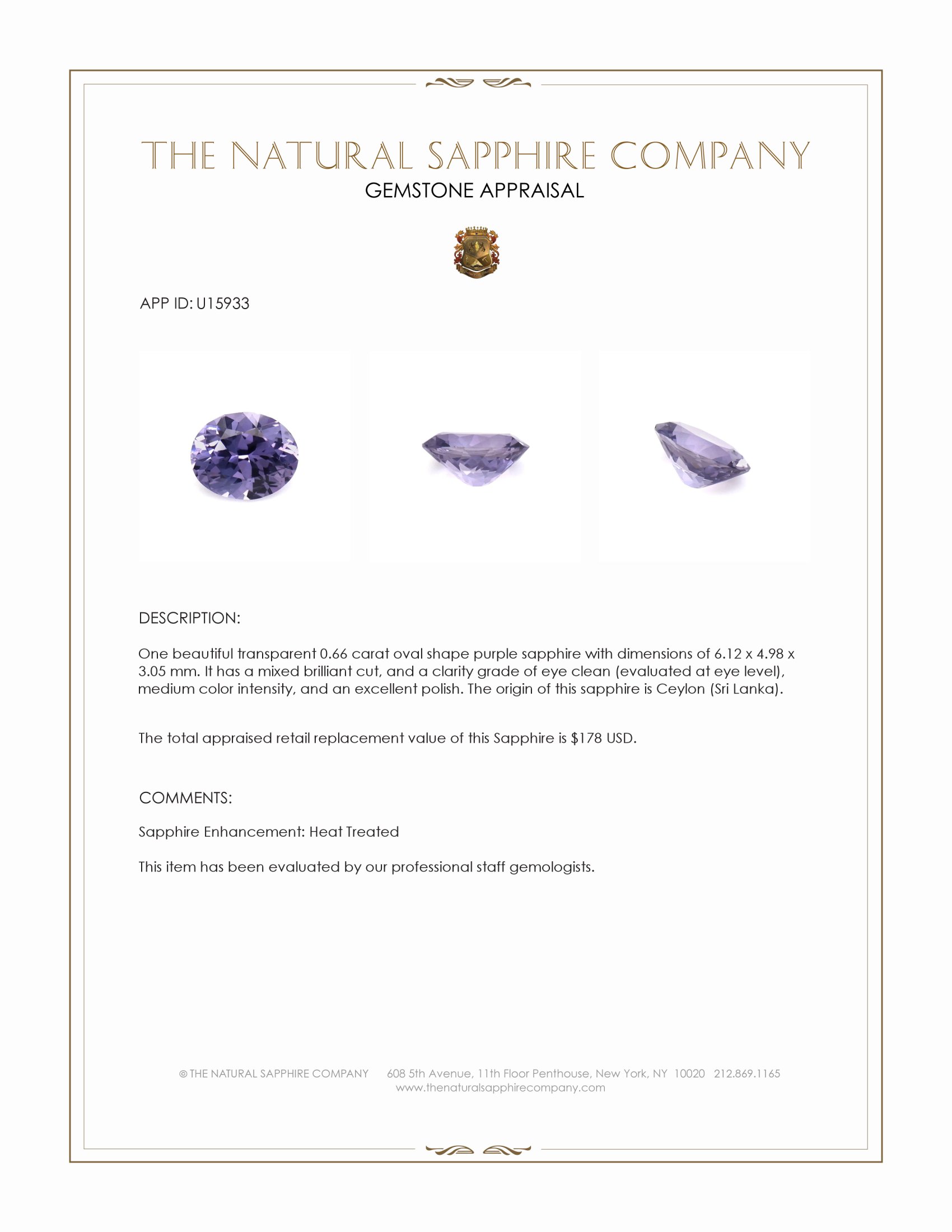 0.66 Ct. Purple Sapphire from Ceylon (Sri Lanka)