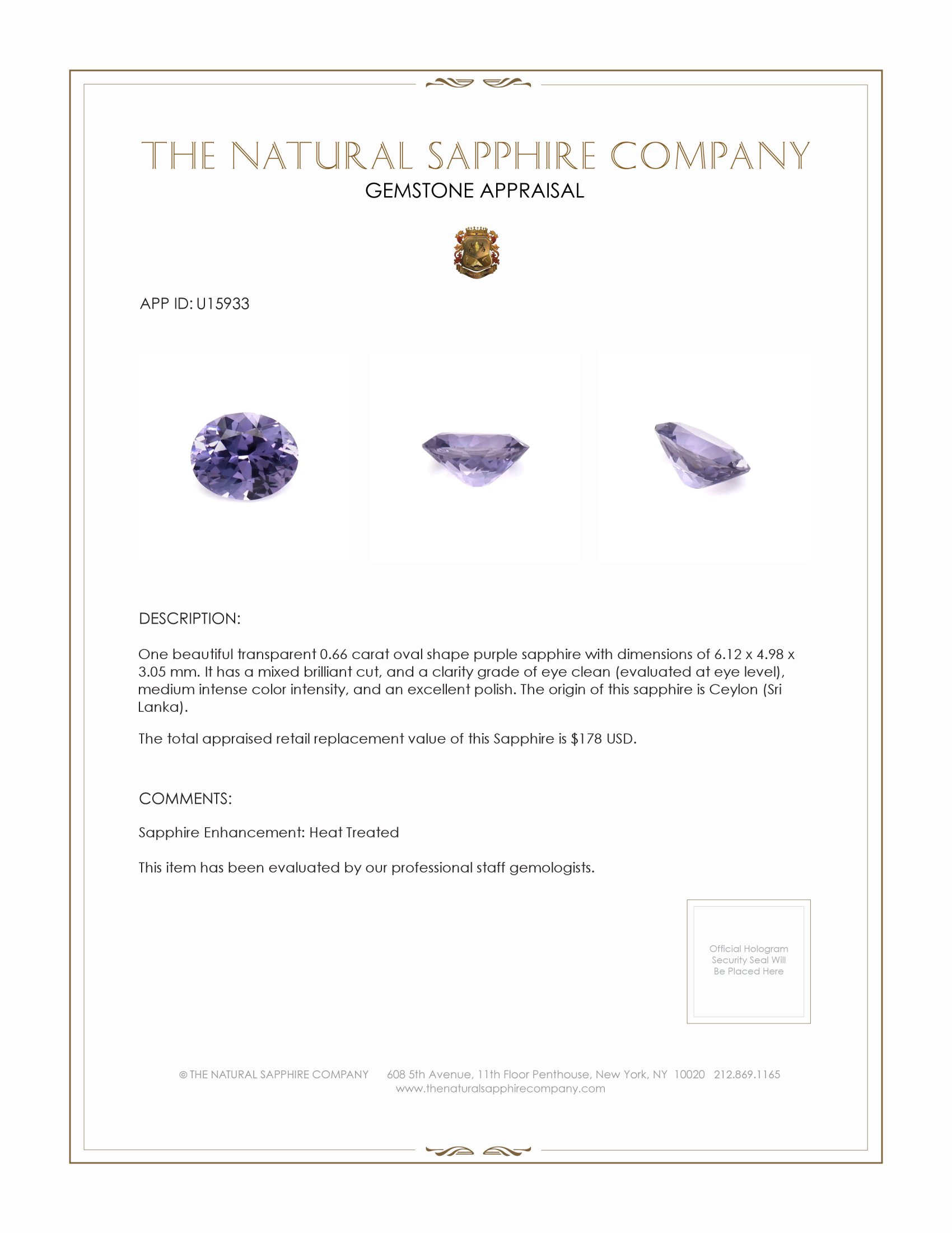 0.66 Ct. Purple Sapphire from Ceylon (Sri Lanka)