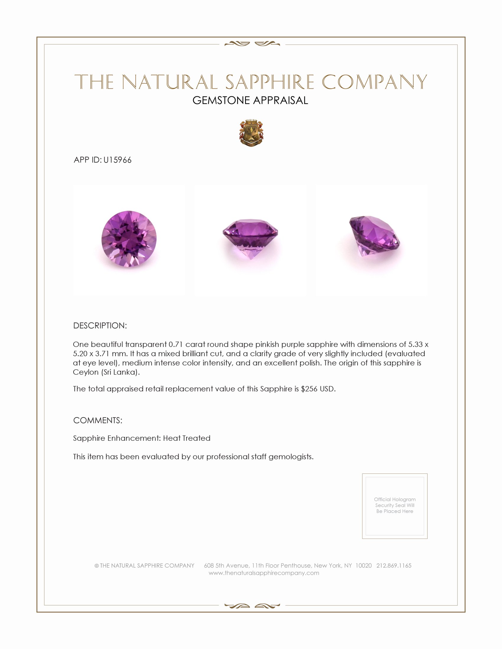 0.71 Ct. Pinkish Purple Sapphire from Ceylon (Sri Lanka)