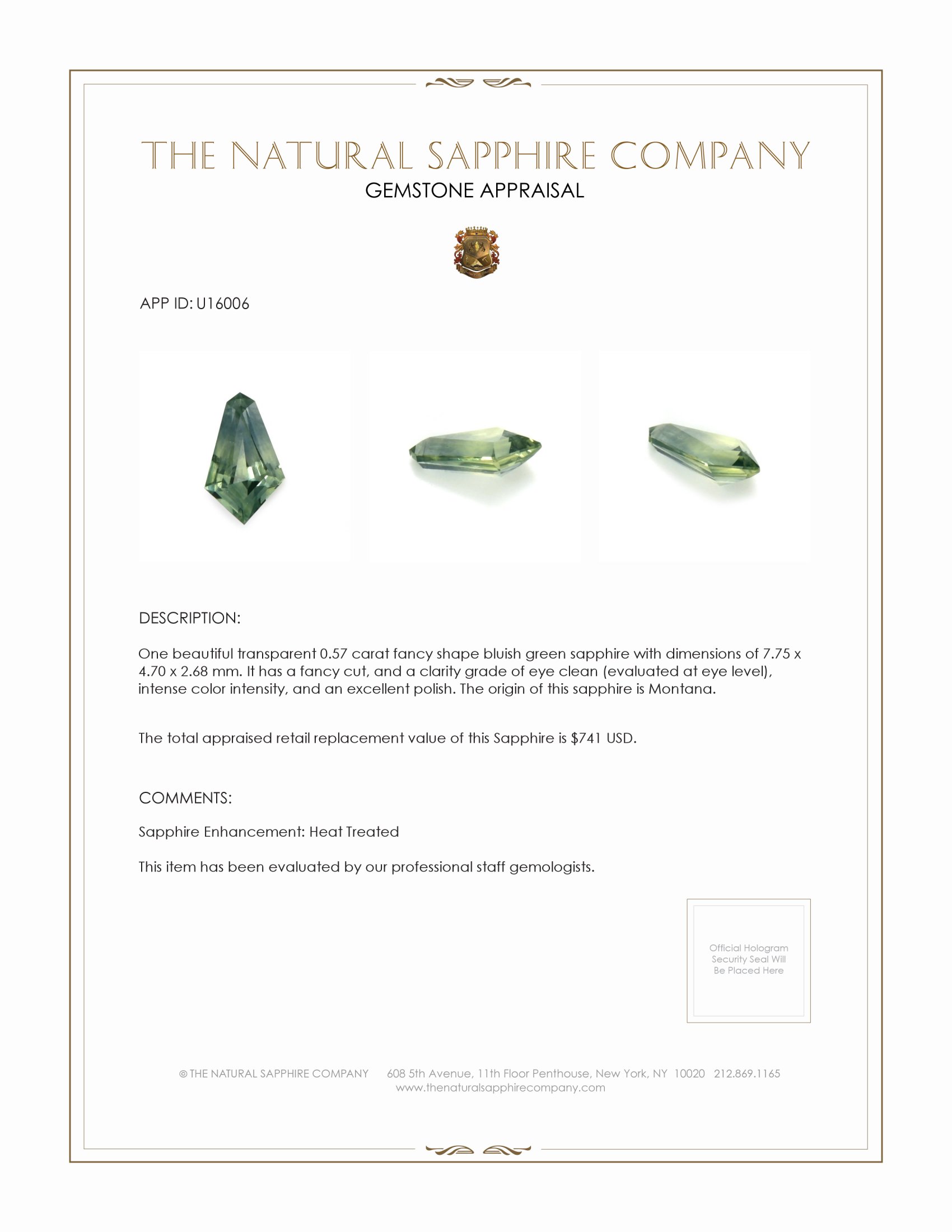 0.57 Ct. Bluish Green Sapphire from Montana