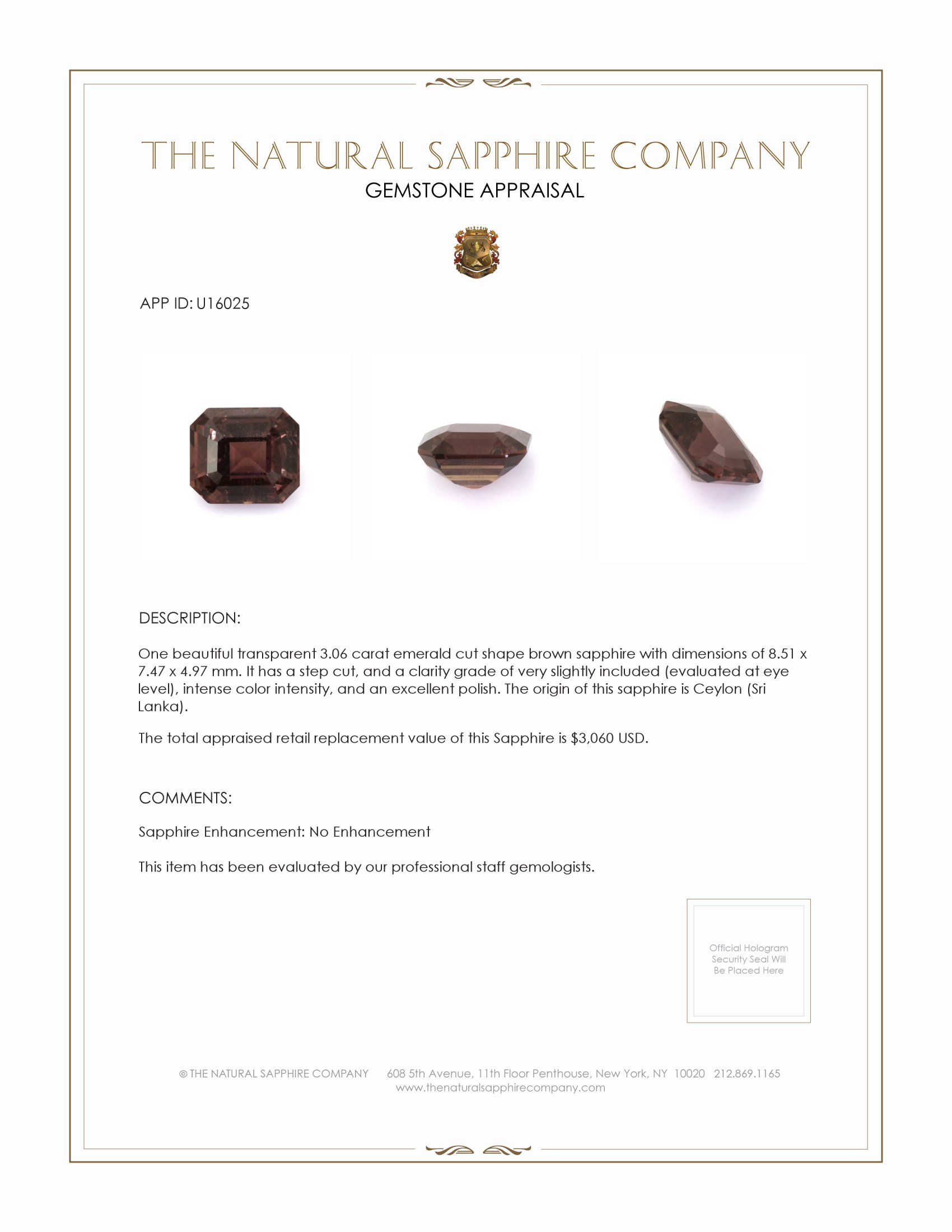 3.06 Ct. Brown Sapphire from Ceylon (Sri Lanka)