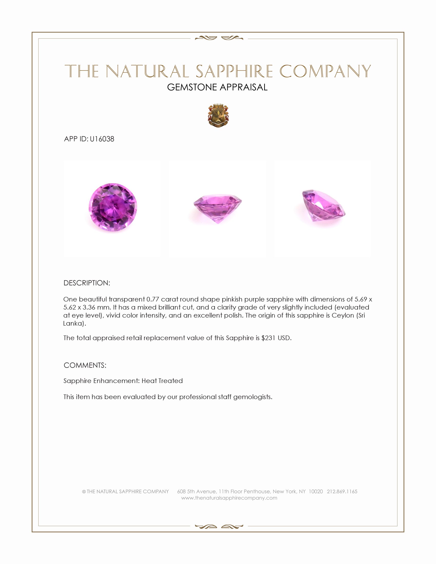 0.77 Ct. Pinkish Purple Sapphire from Ceylon (Sri Lanka)