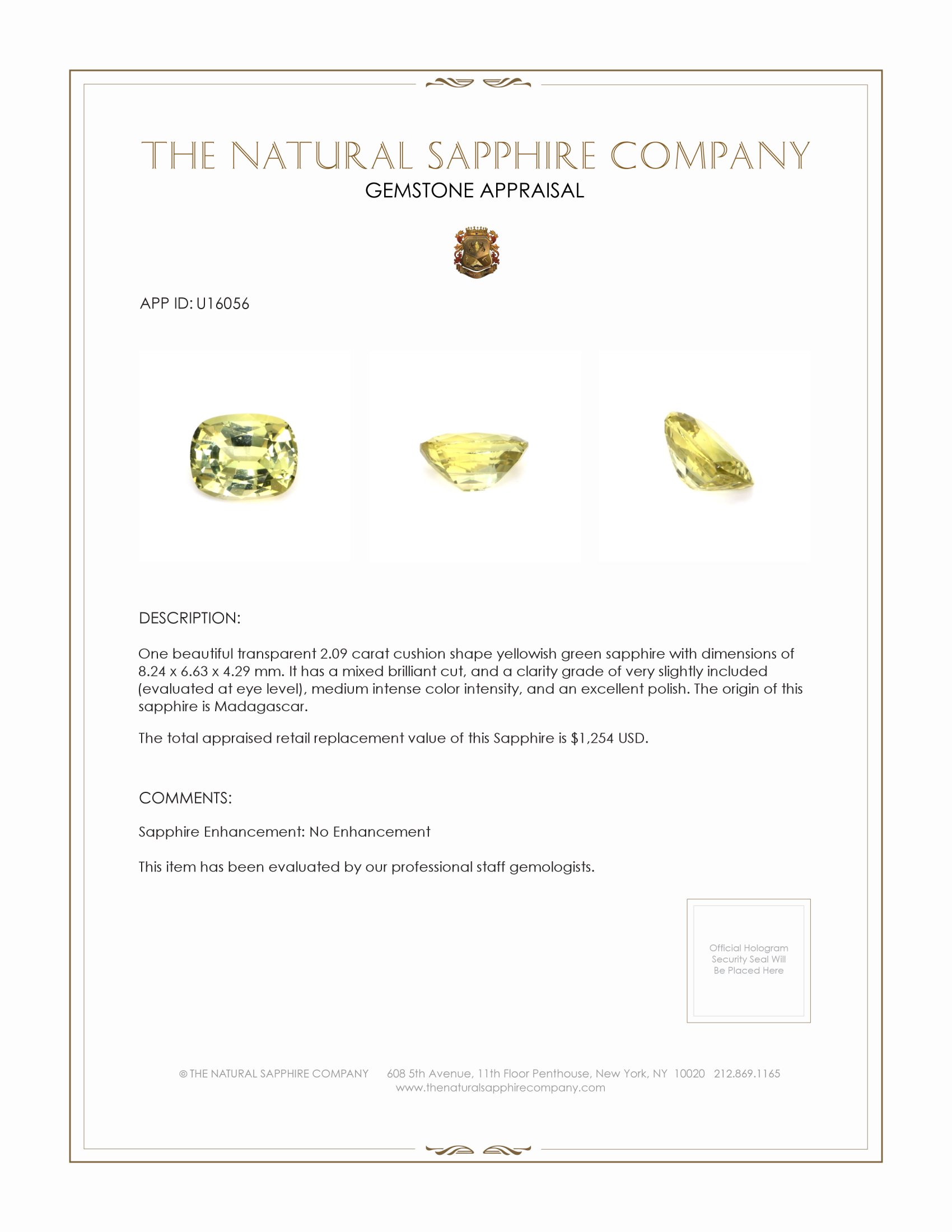 2.09 Ct. Yellowish Green Sapphire from Madagascar