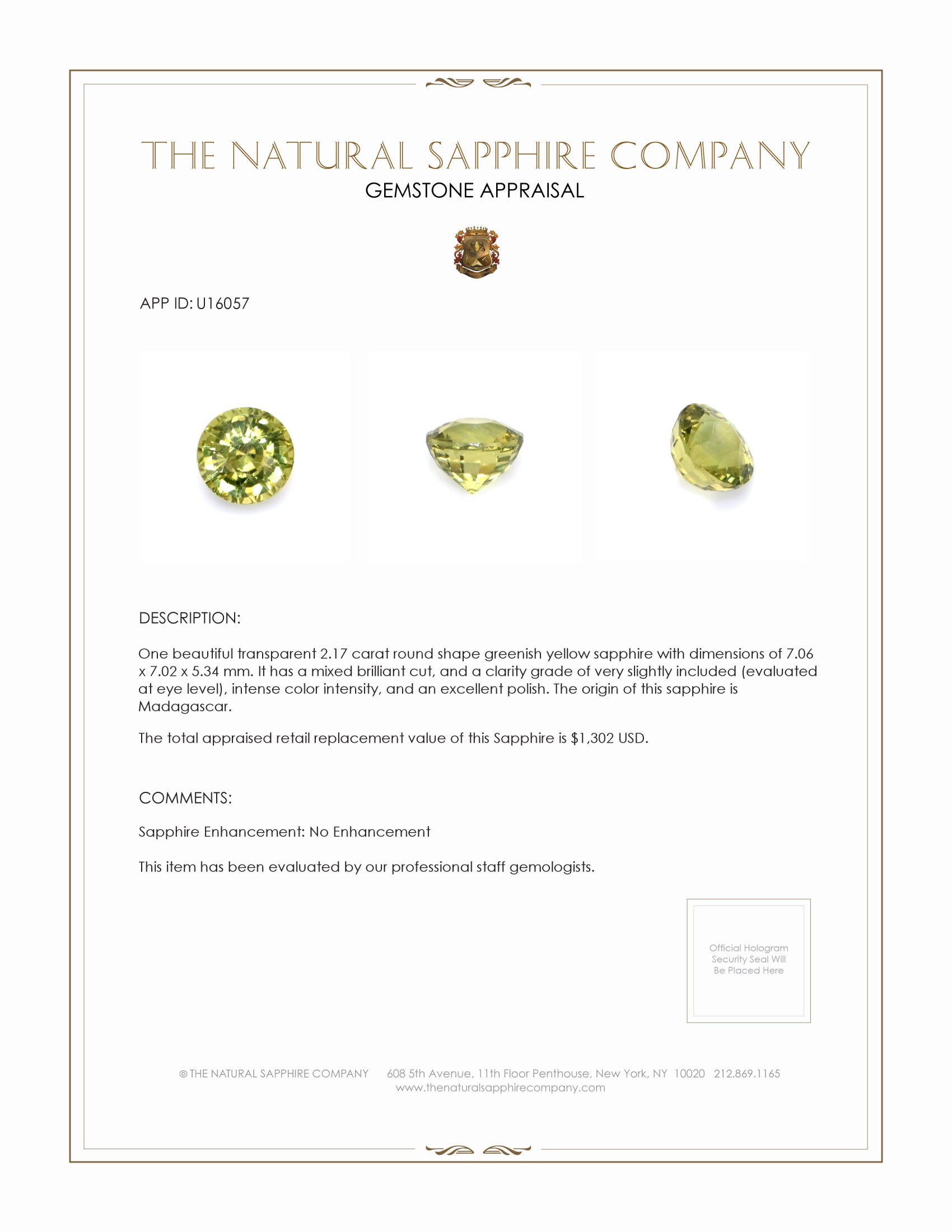2.17 Ct. Greenish Yellow Sapphire from Madagascar