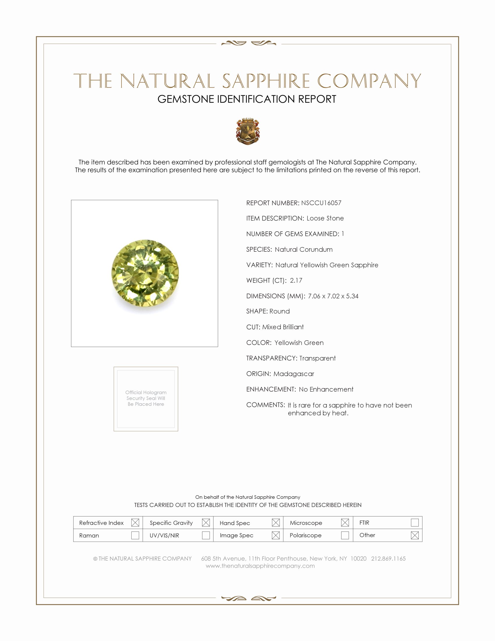 2.17 Ct. Greenish Yellow Sapphire from Madagascar