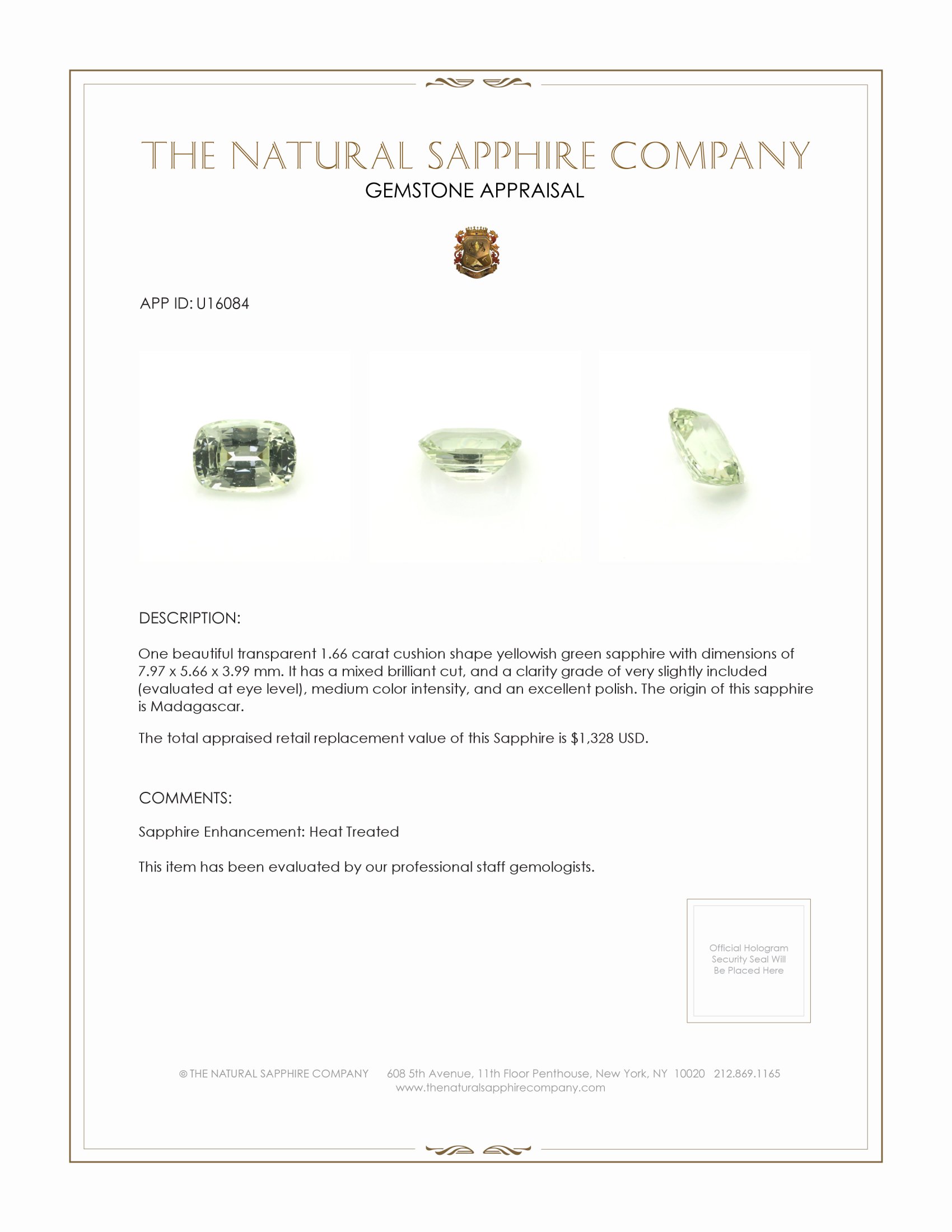 1.66 Ct. Yellowish Green Sapphire from Madagascar