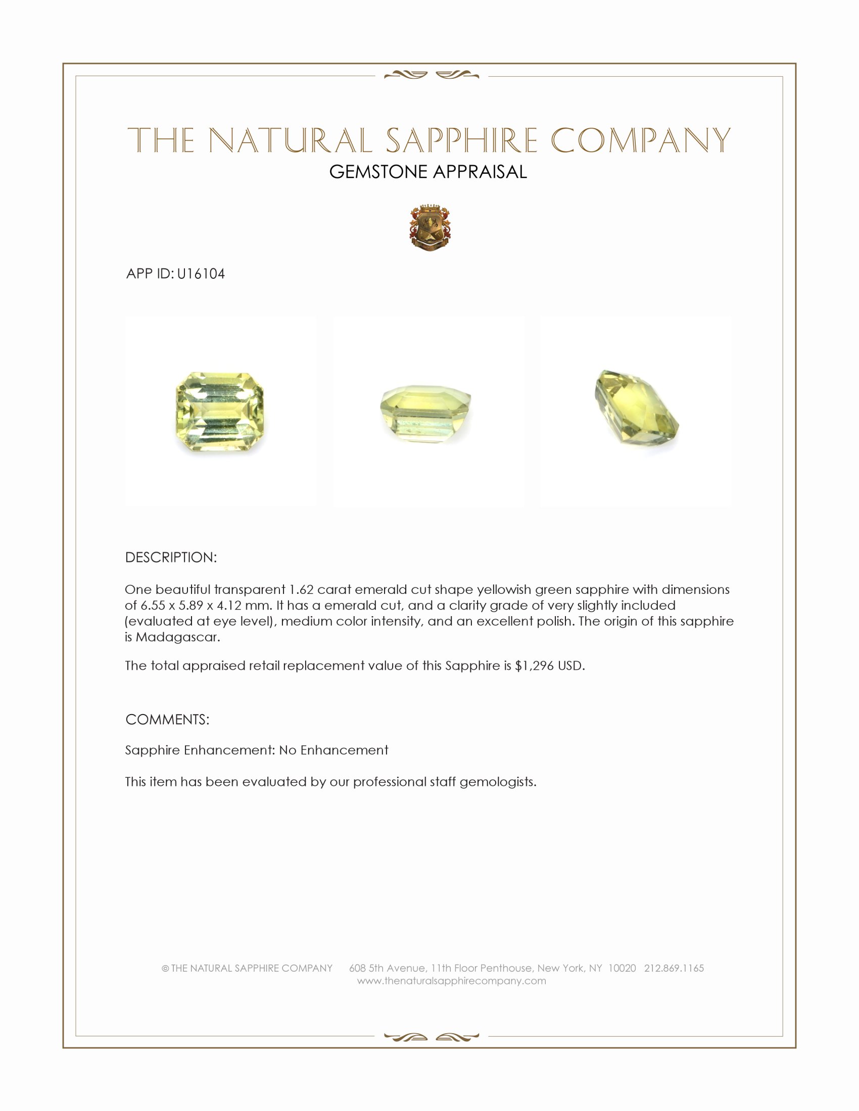 1.62 Ct. Yellowish Green Sapphire from Madagascar