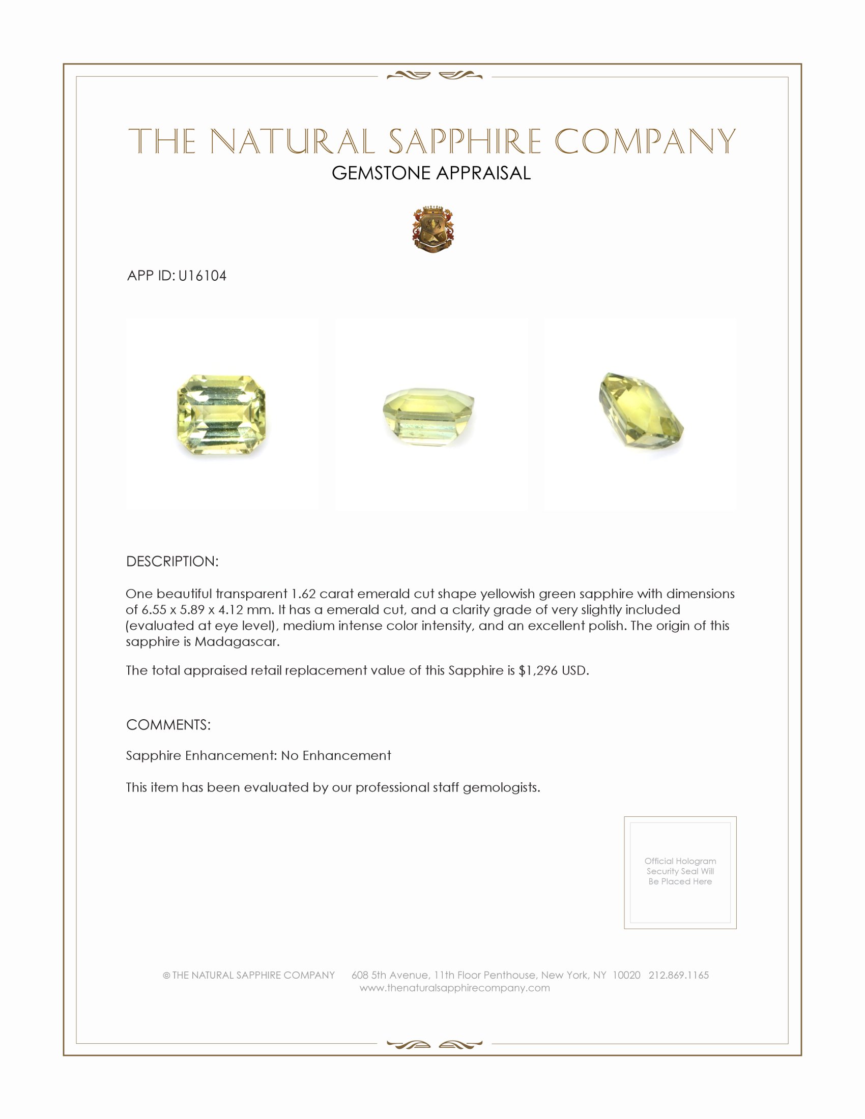 1.62 Ct. Yellowish Green Sapphire from Madagascar