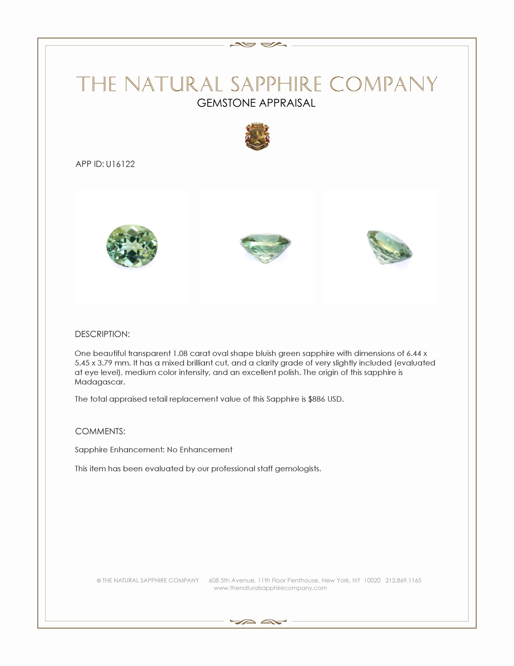 1.08 Ct. Bluish Green Sapphire from Madagascar