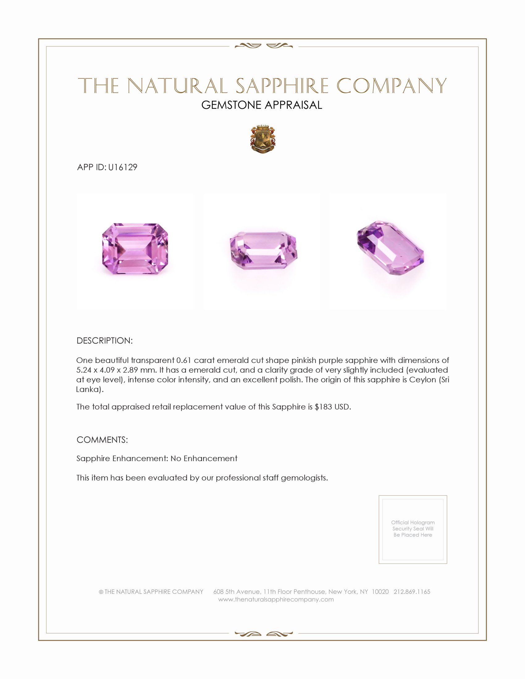 0.61 Ct. Pinkish Purple Sapphire from Ceylon (Sri Lanka)