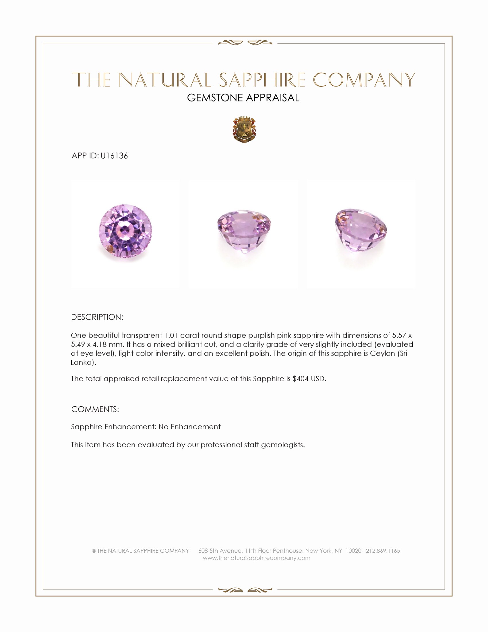 1.01 Ct. Purplish Pink Sapphire from Ceylon (Sri Lanka)