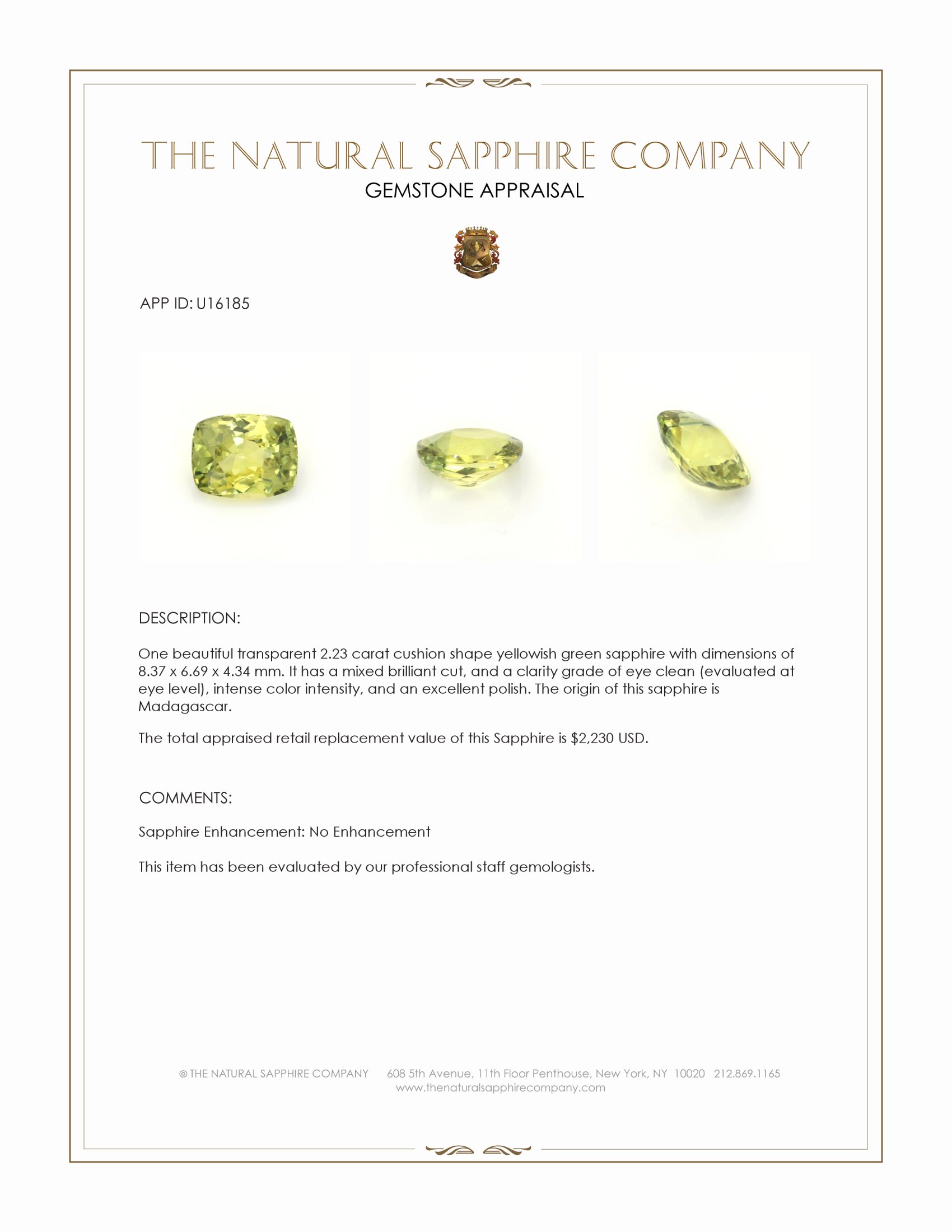 2.23 Ct. Yellowish Green Sapphire from Madagascar
