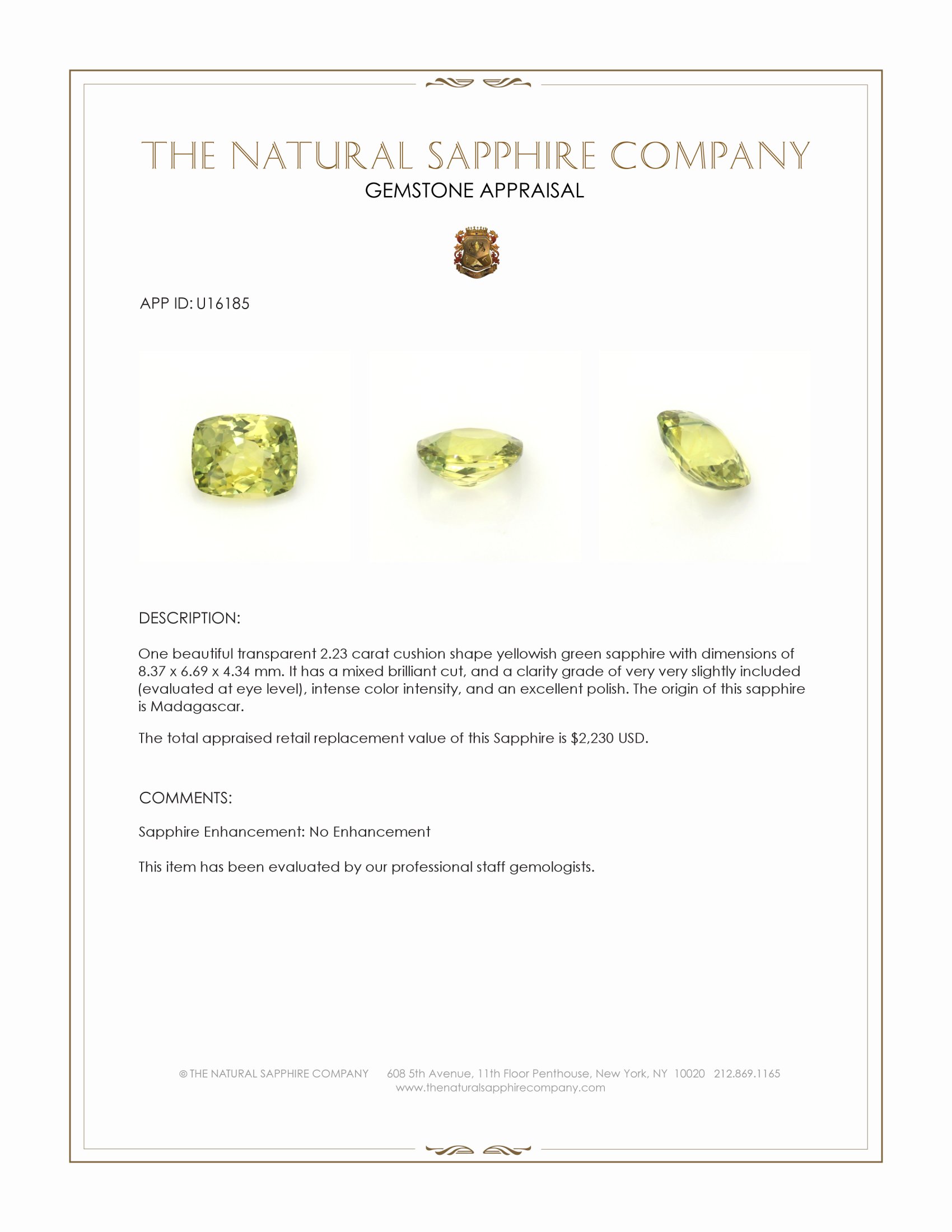 2.23 Ct. Yellowish Green Sapphire from Madagascar