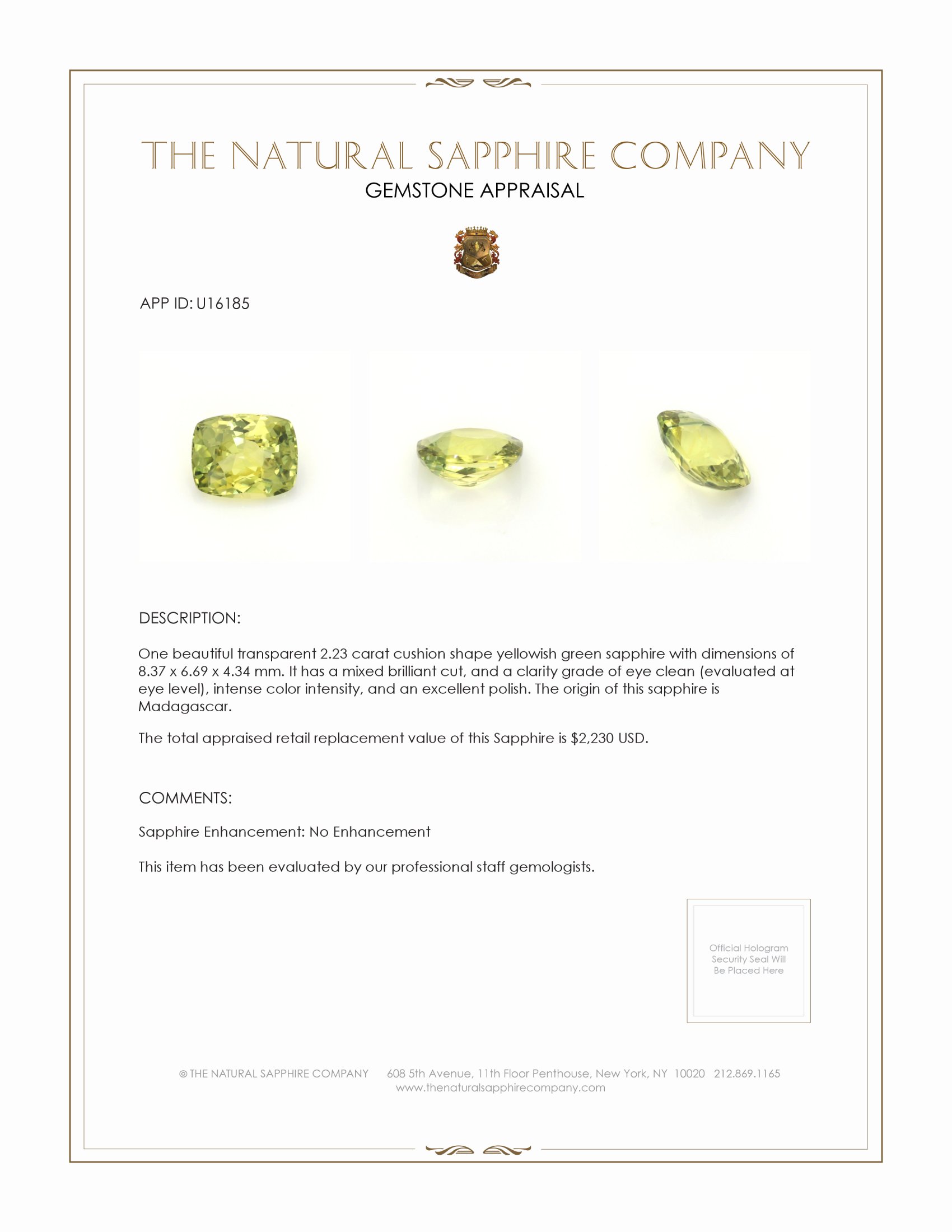 2.23 Ct. Yellowish Green Sapphire from Madagascar