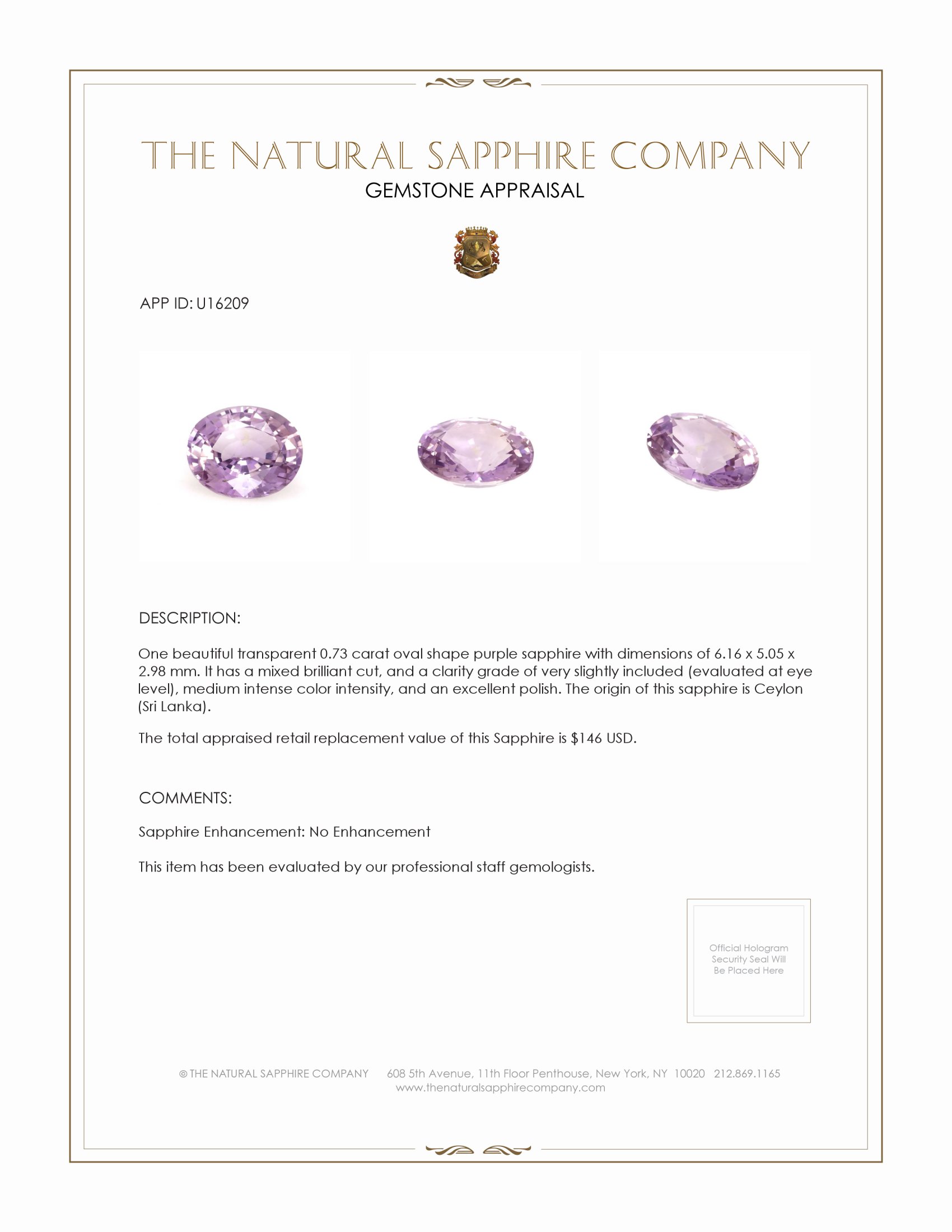 0.73 Ct. Purple Sapphire from Ceylon (Sri Lanka)