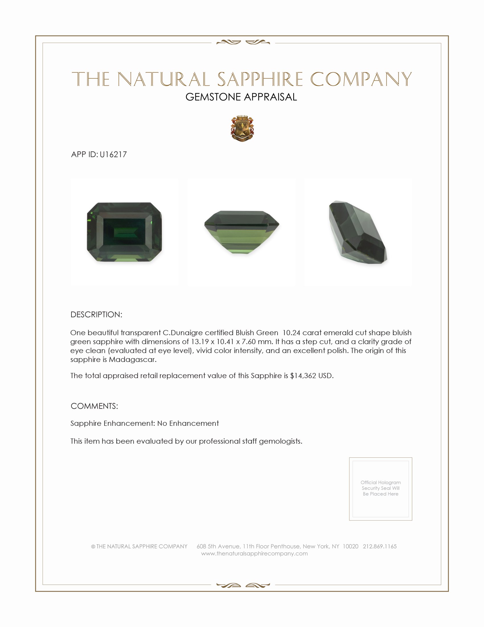 10.24 Ct. Bluish Green Sapphire from Madagascar