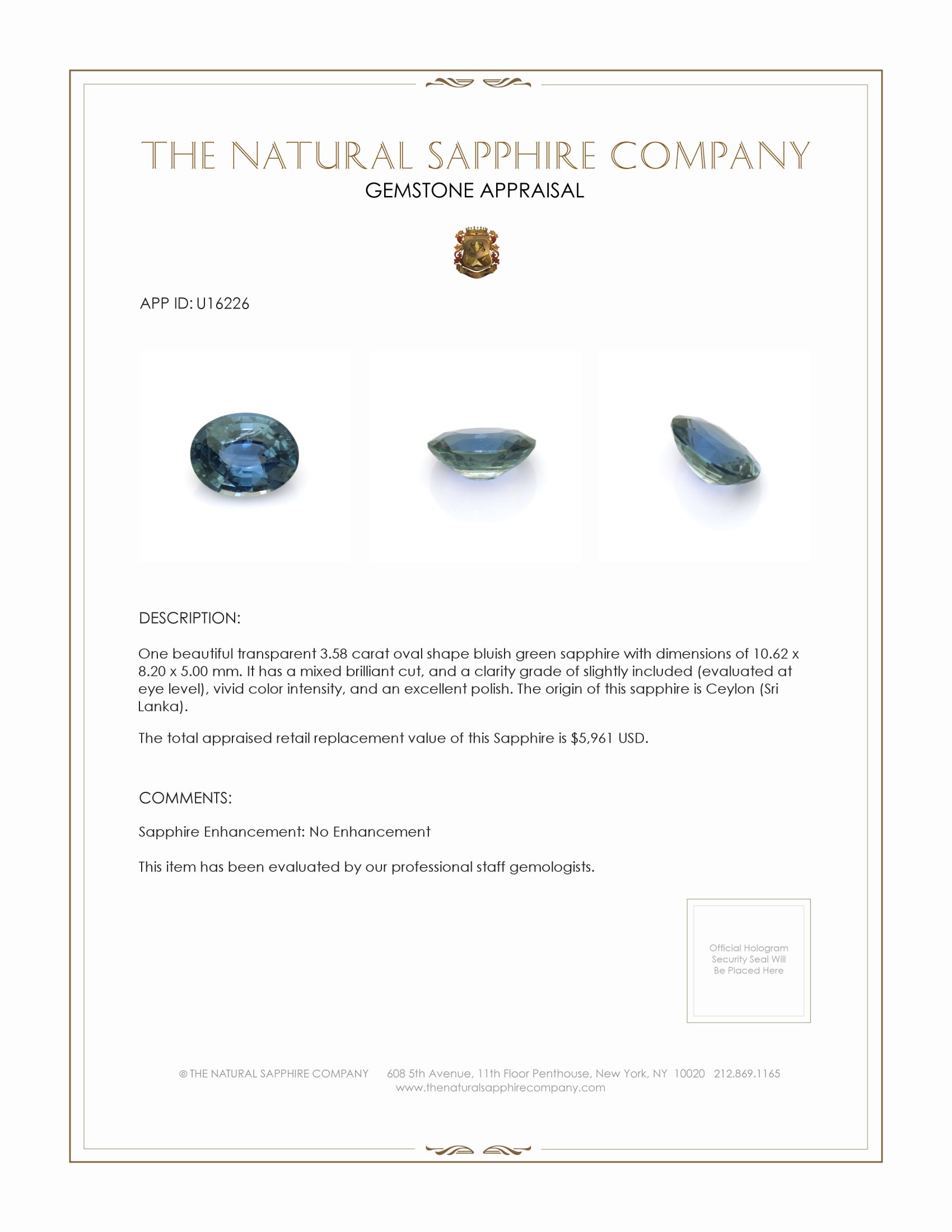 3.58 Ct. Bluish Green Sapphire from Ceylon (Sri Lanka)