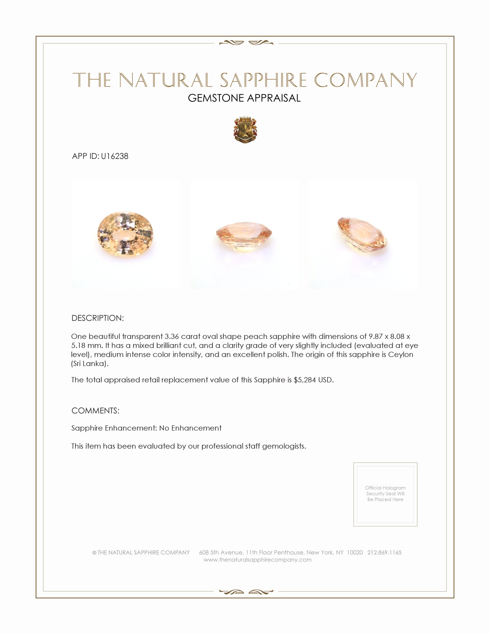 3.36 Ct. Peach Sapphire from Ceylon (Sri Lanka)